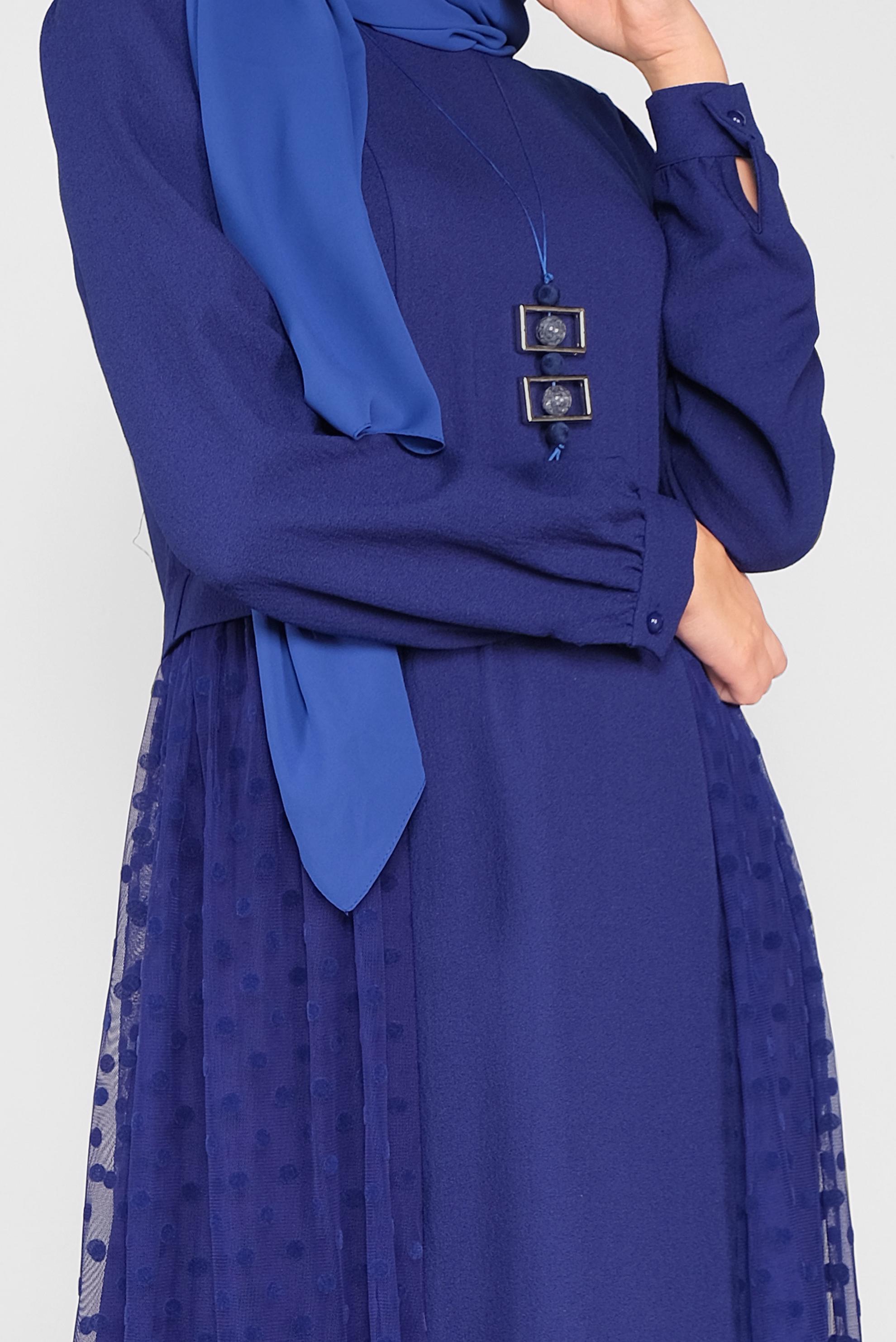 Tesettür giyim MAVİ PUANTİYE TÜL DETAYLI ELBİSE 41141 