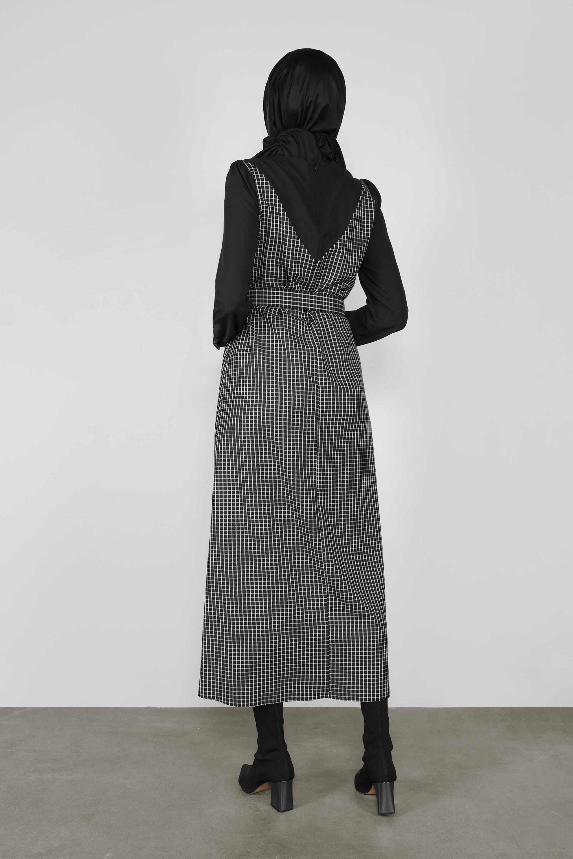 Tesettür giyim SİYAH EKOSE DESENLİ ELBİSE 41142