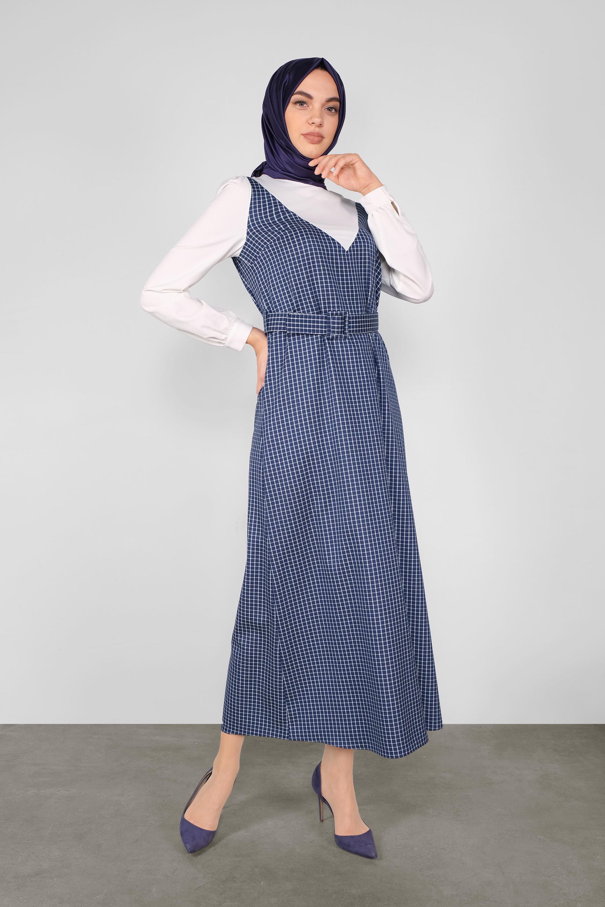 Hijab clothing NAVY BLUE PLAID DRESS 41142 