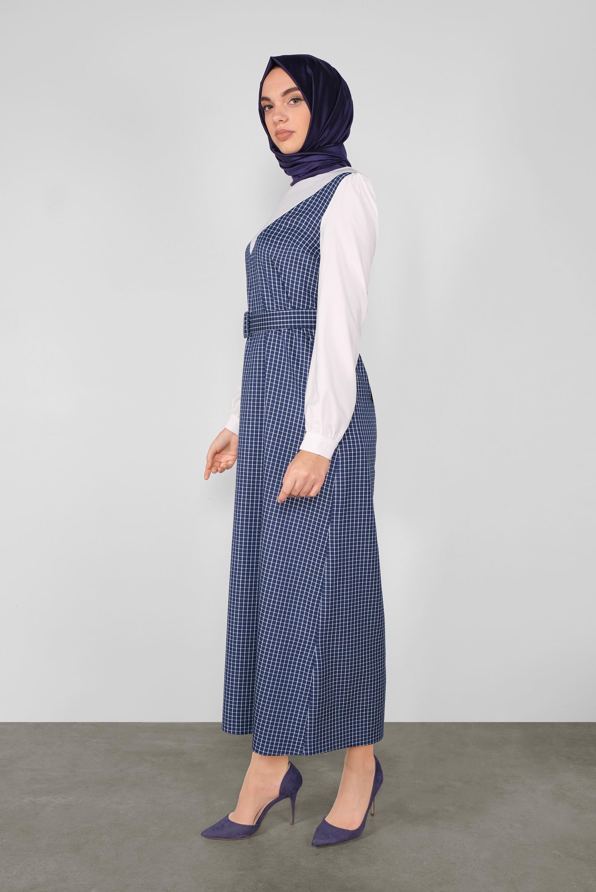 Hijab clothing NAVY BLUE PLAID DRESS 41142 