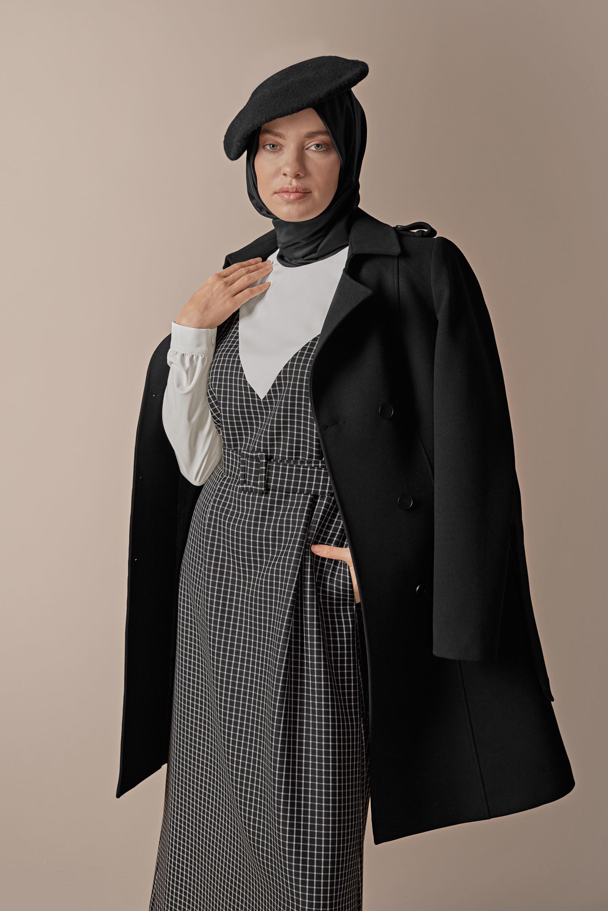 Tesettür giyim SİYAH EKOSE DESENLİ ELBİSE 41142