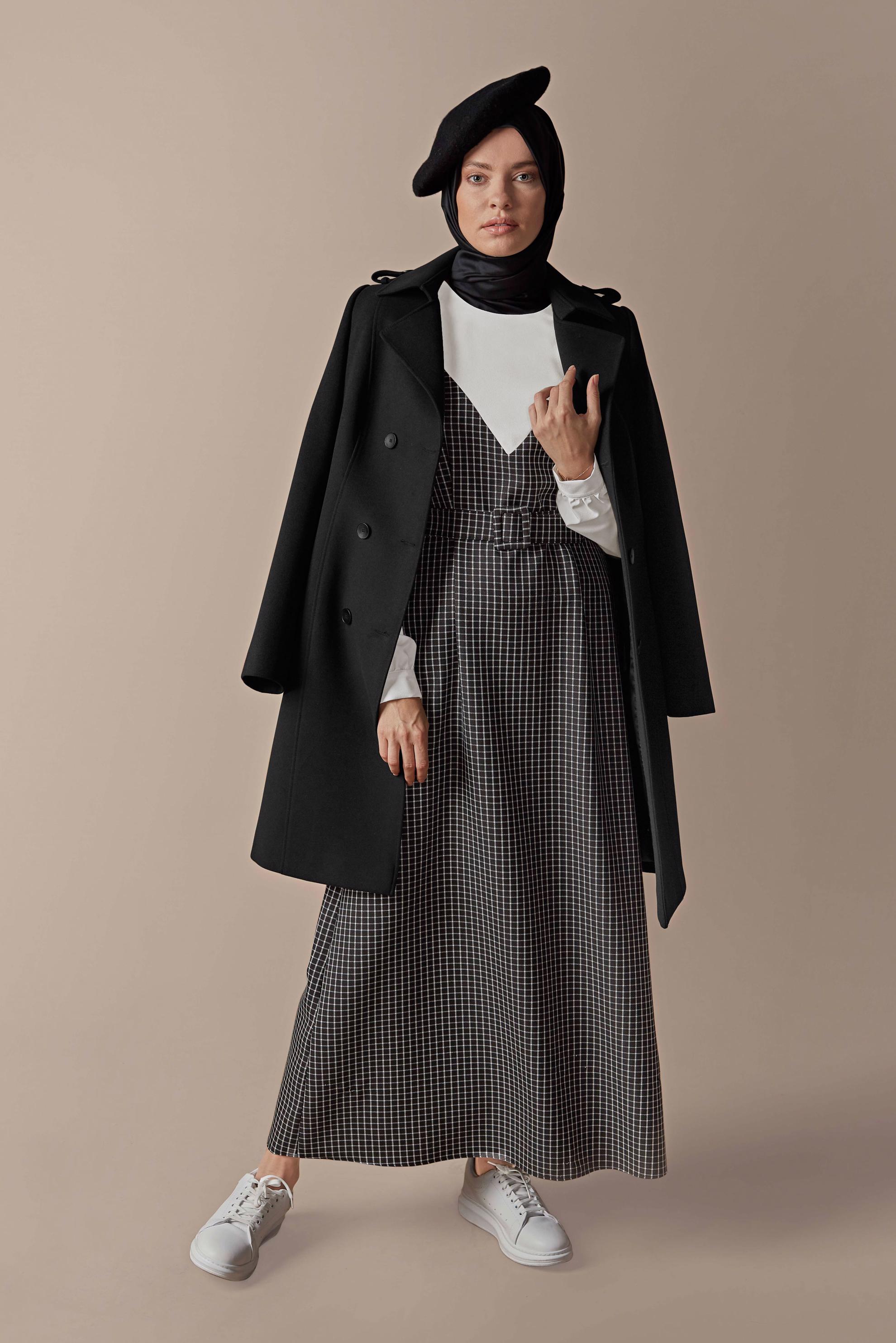 Tesettür giyim SİYAH EKOSE DESENLİ ELBİSE 41142