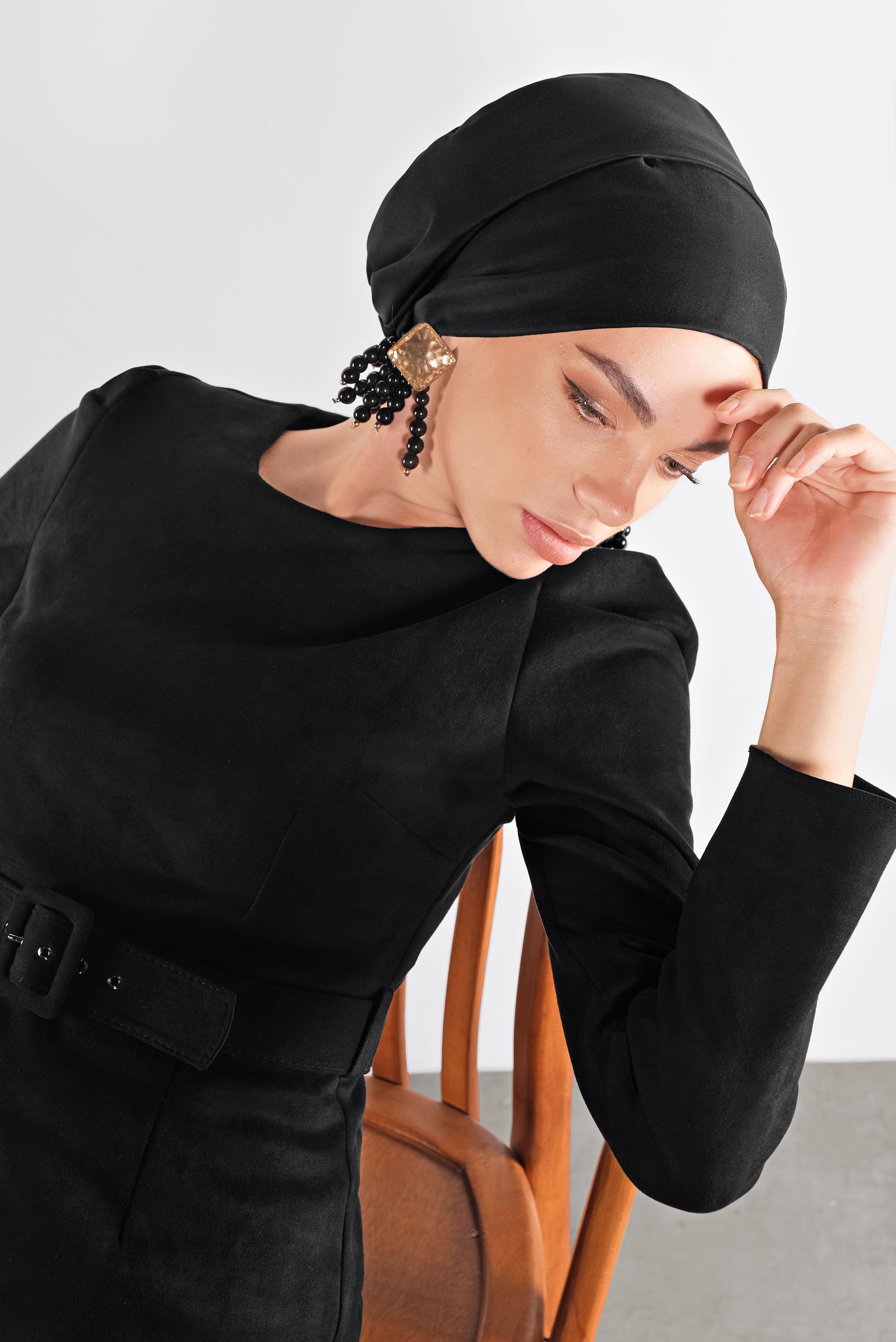 Tesettür giyim SİYAH SÜET KEMERLİ ELBİSE 41143