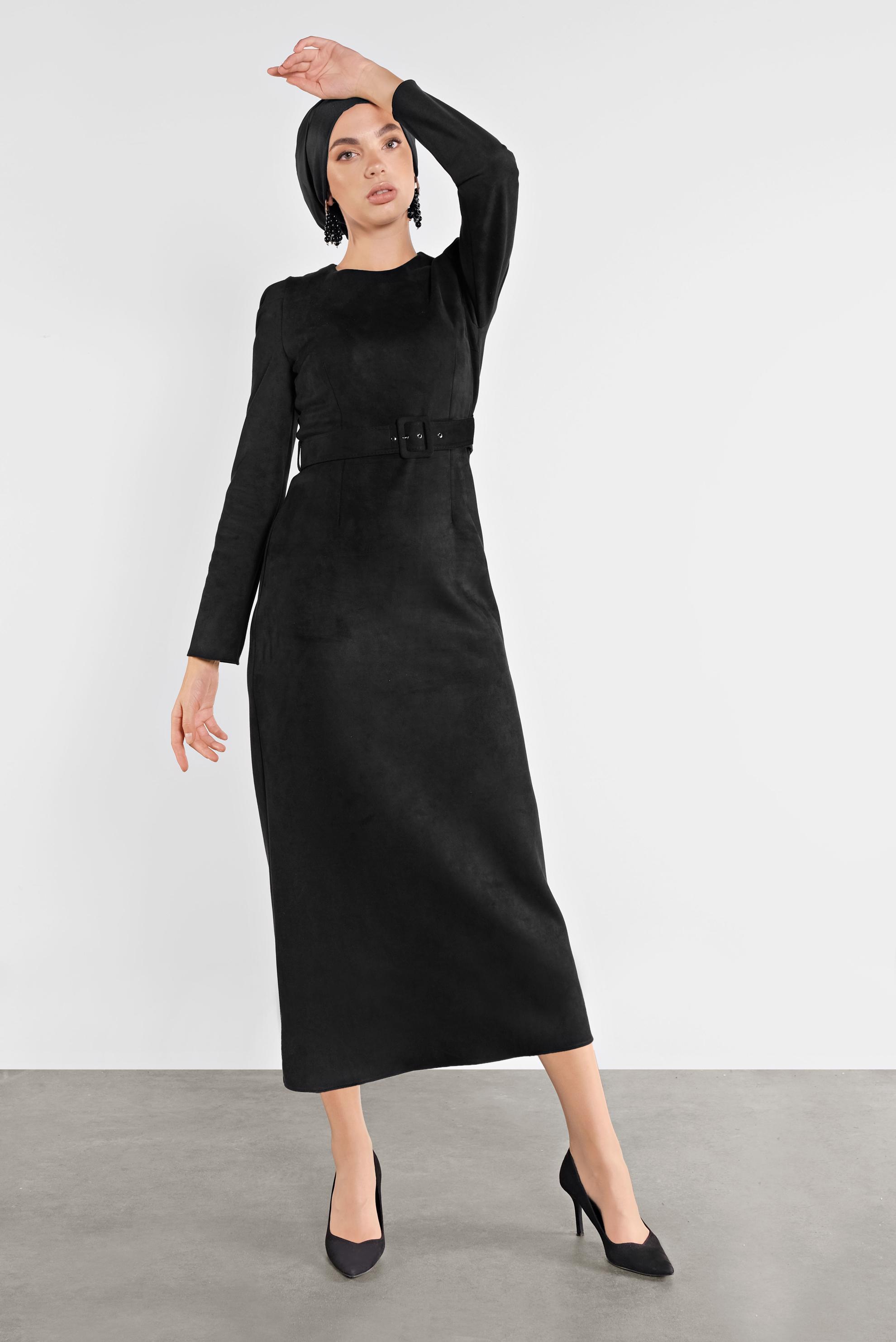 Tesettür giyim SİYAH SÜET KEMERLİ ELBİSE 41143