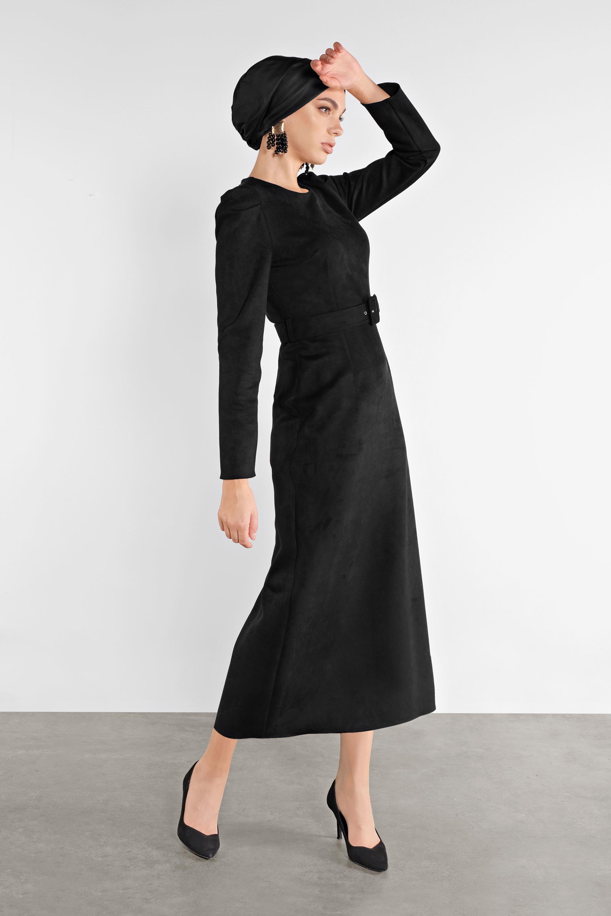 Tesettür giyim SİYAH SÜET KEMERLİ ELBİSE 41143