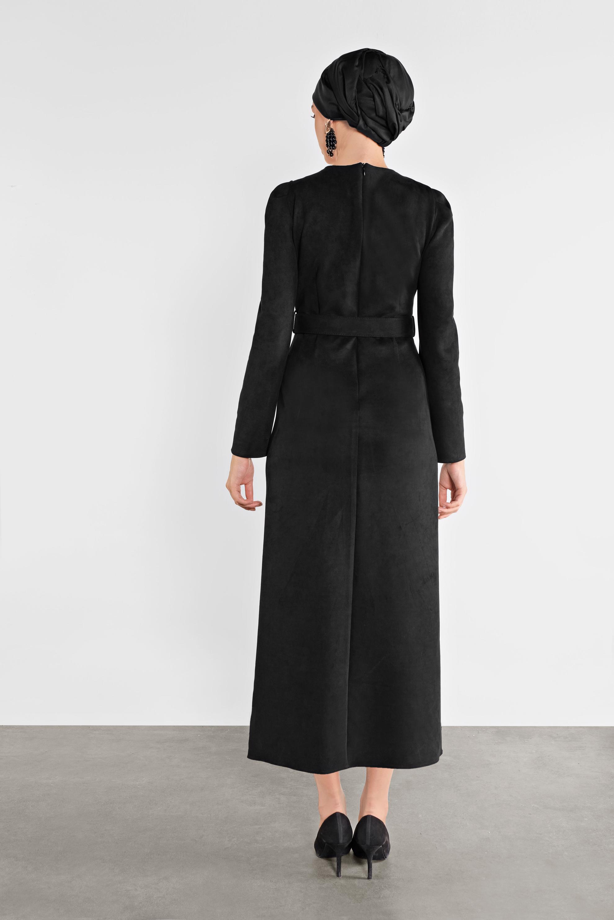 Tesettür giyim SİYAH SÜET KEMERLİ ELBİSE 41143