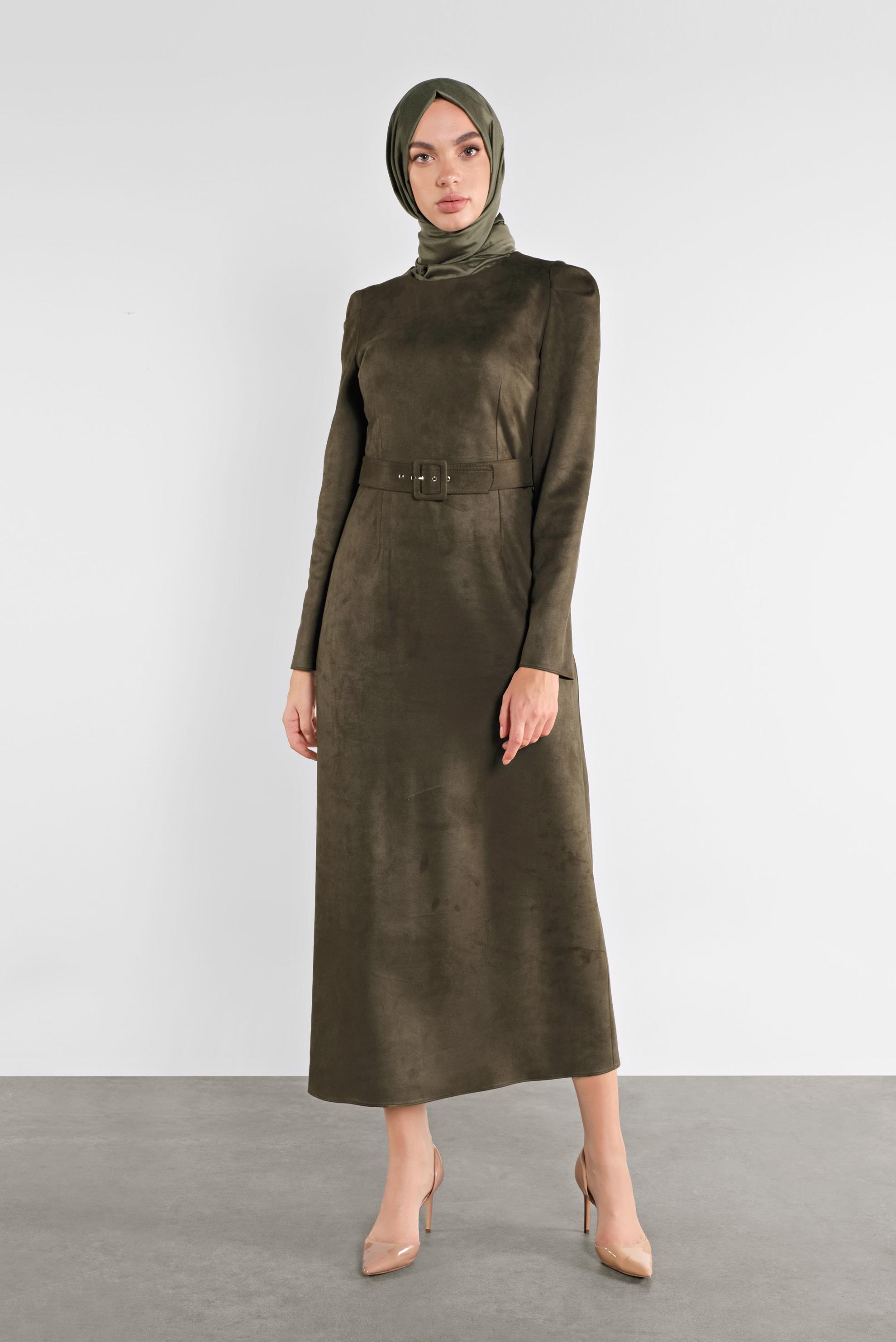 Tesettür giyim HAKİ SÜET KEMERLİ ELBİSE 41143