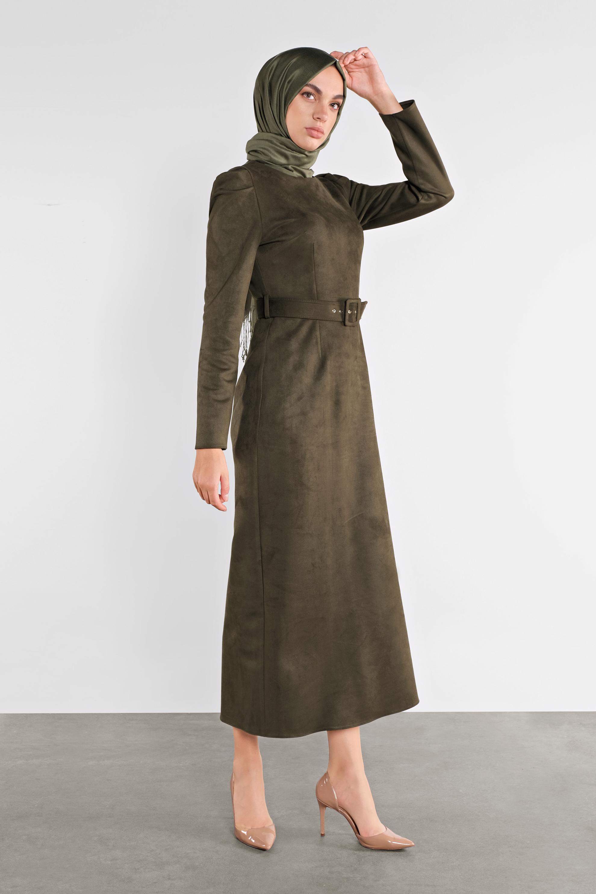 Tesettür giyim HAKİ SÜET KEMERLİ ELBİSE 41143