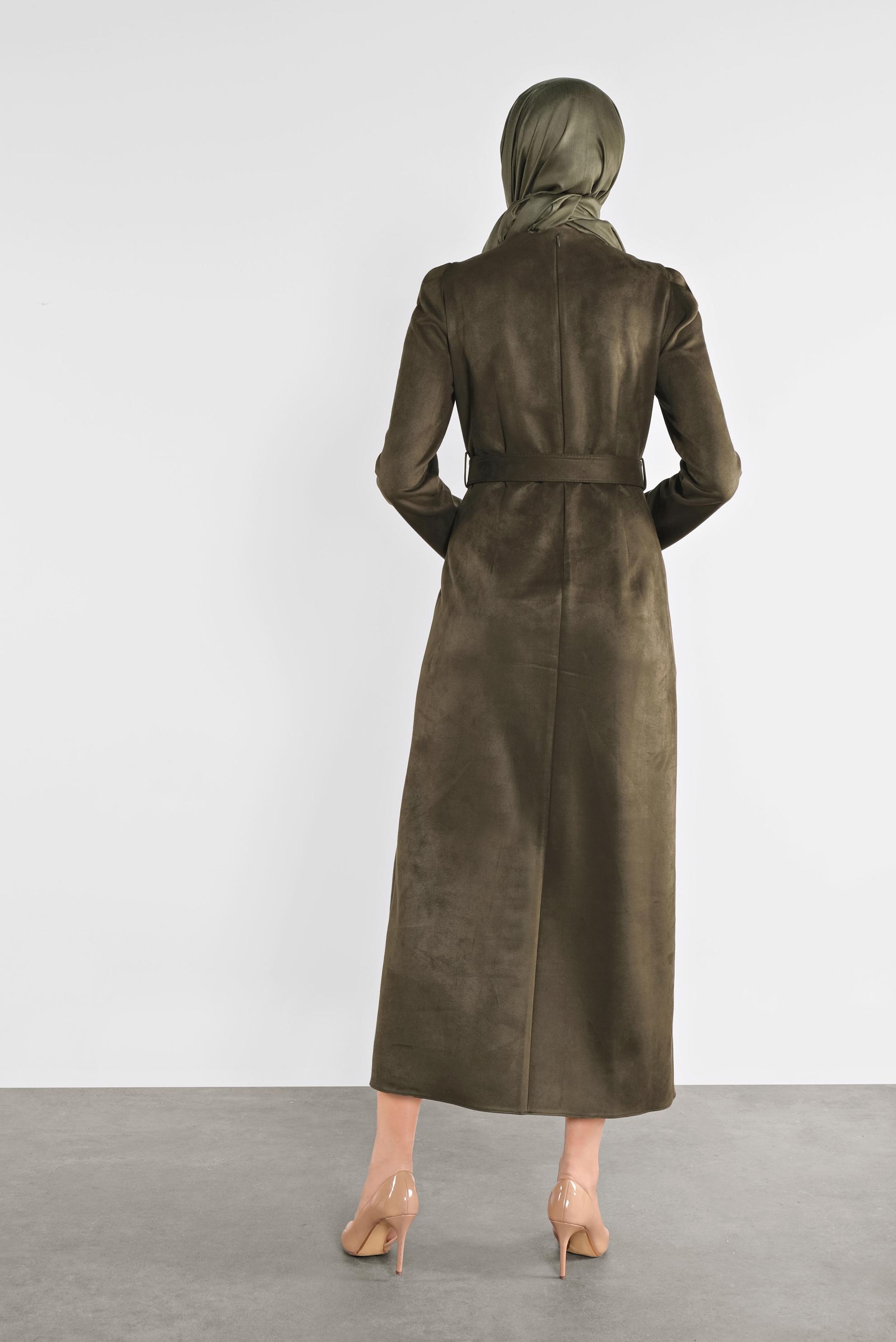 Tesettür giyim HAKİ SÜET KEMERLİ ELBİSE 41143