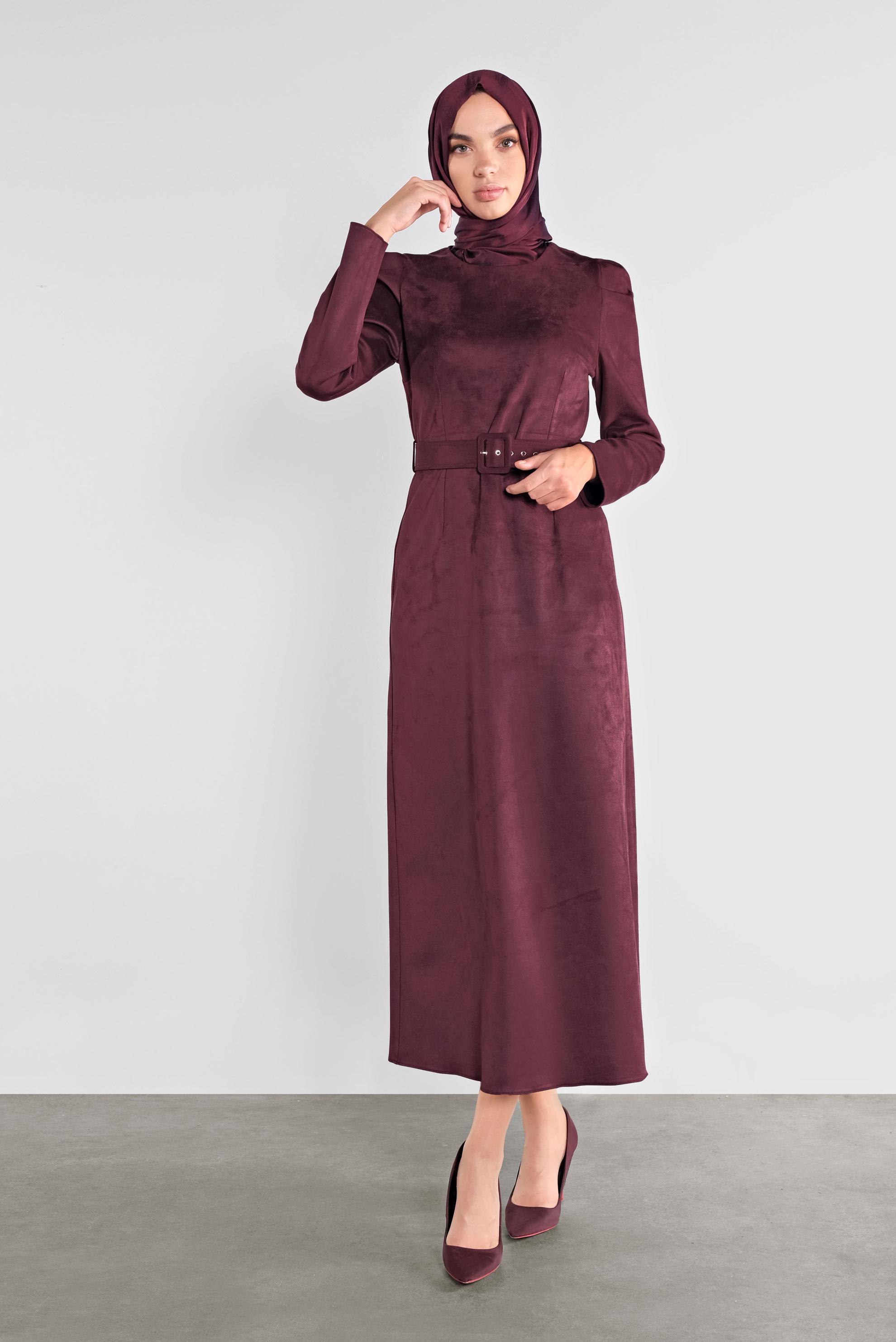 Tesettür giyim MÜRDÜM SÜET KEMERLİ ELBİSE 41143