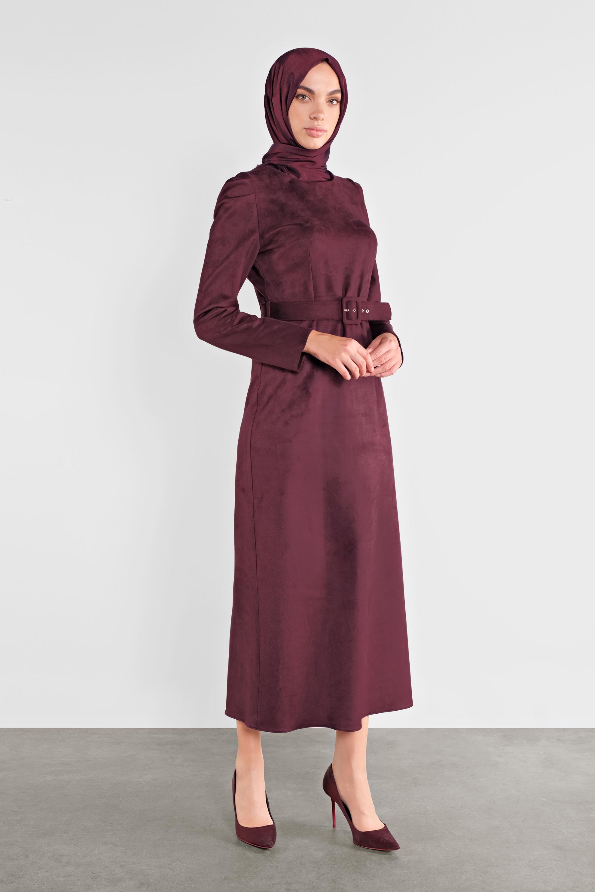 Tesettür giyim MÜRDÜM SÜET KEMERLİ ELBİSE 41143