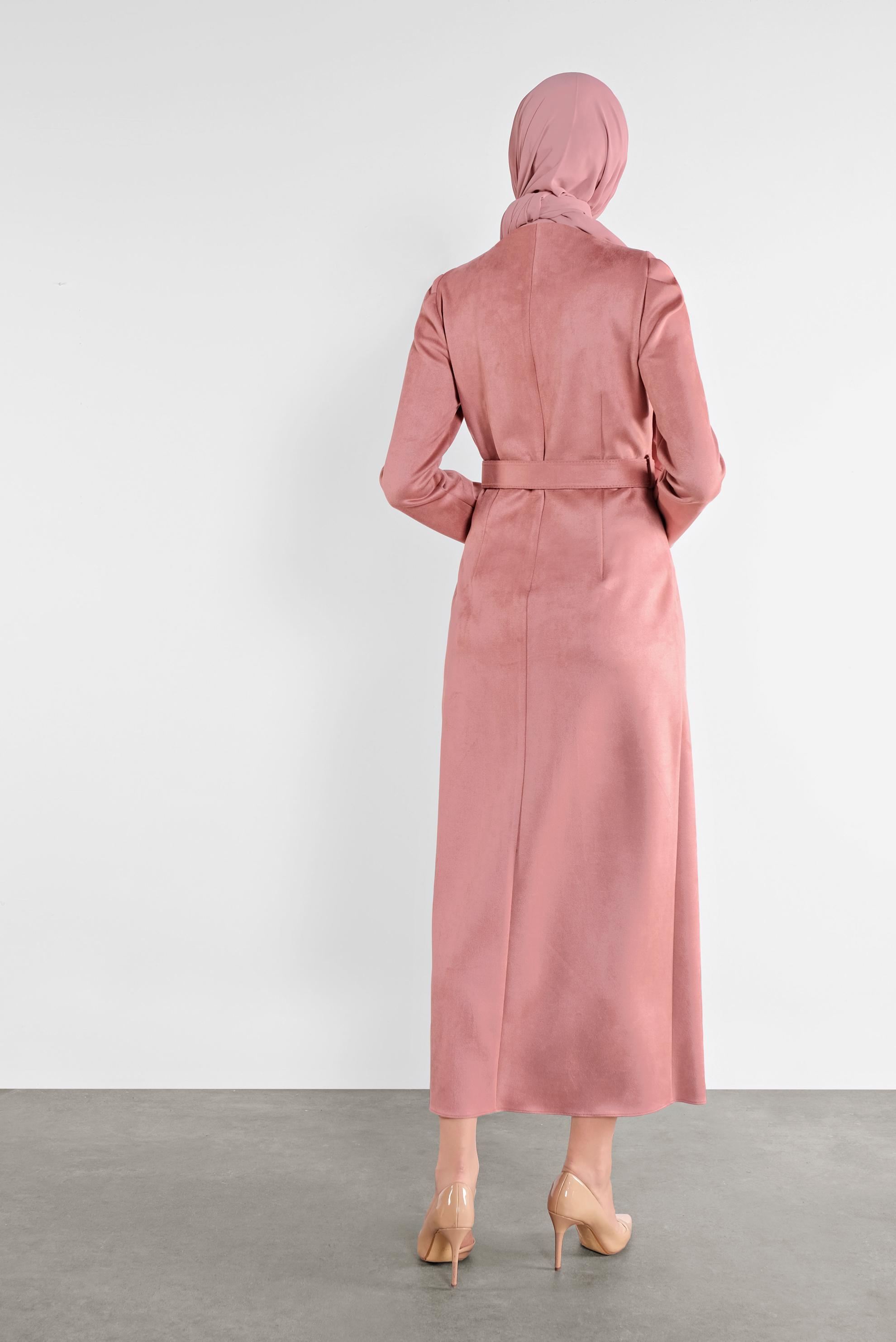 Tesettür giyim PUDRA SÜET KEMERLİ ELBİSE 41143