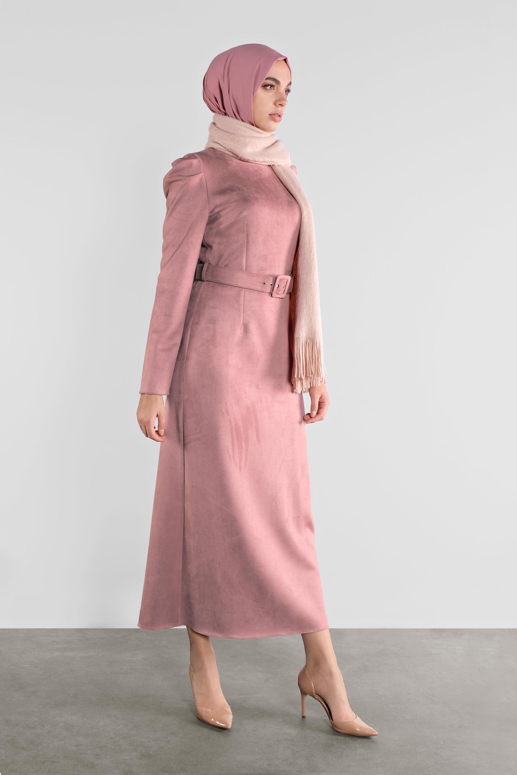 Tesettür giyim PUDRA SÜET KEMERLİ ELBİSE 41143