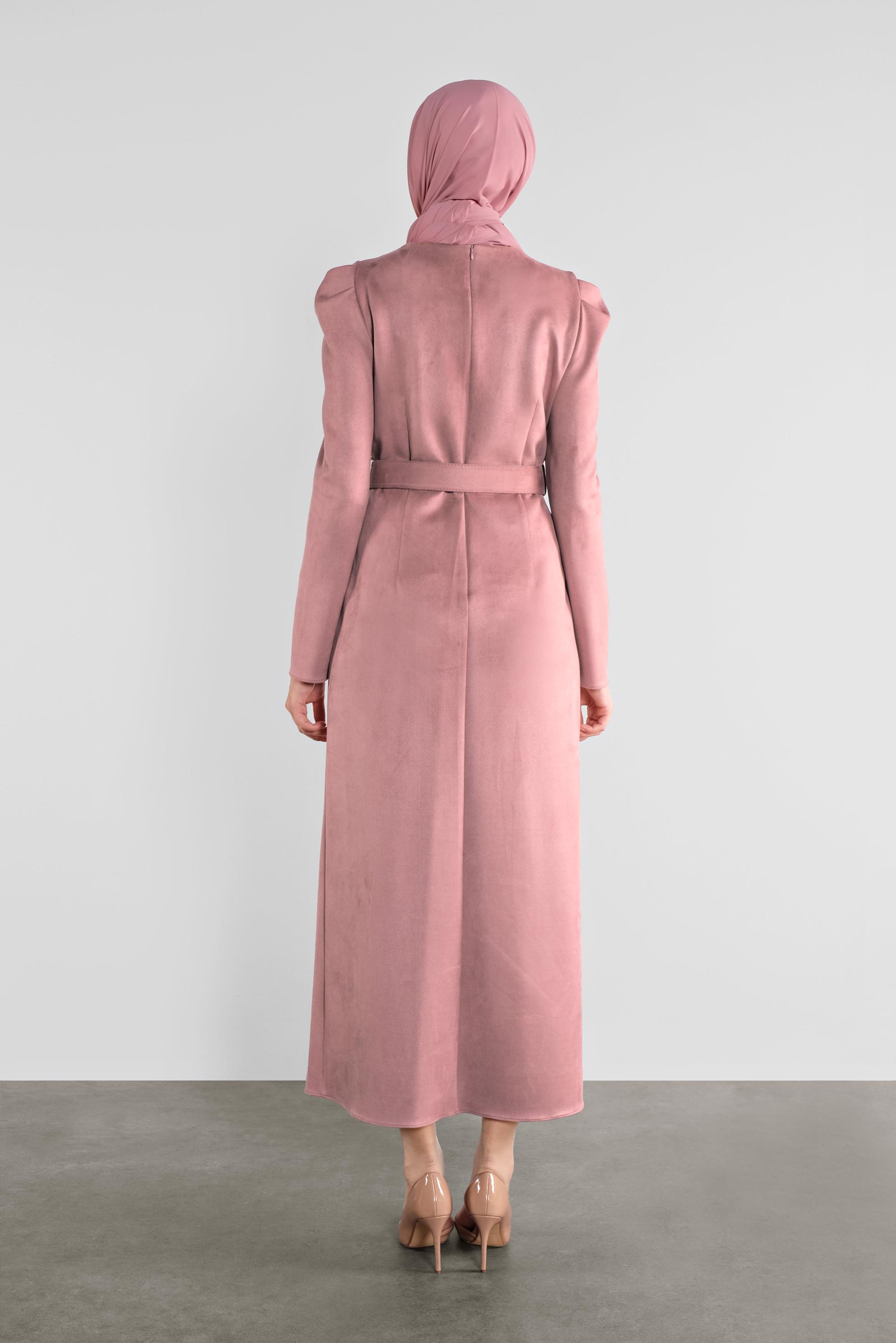 Tesettür giyim PUDRA SÜET KEMERLİ ELBİSE 41143