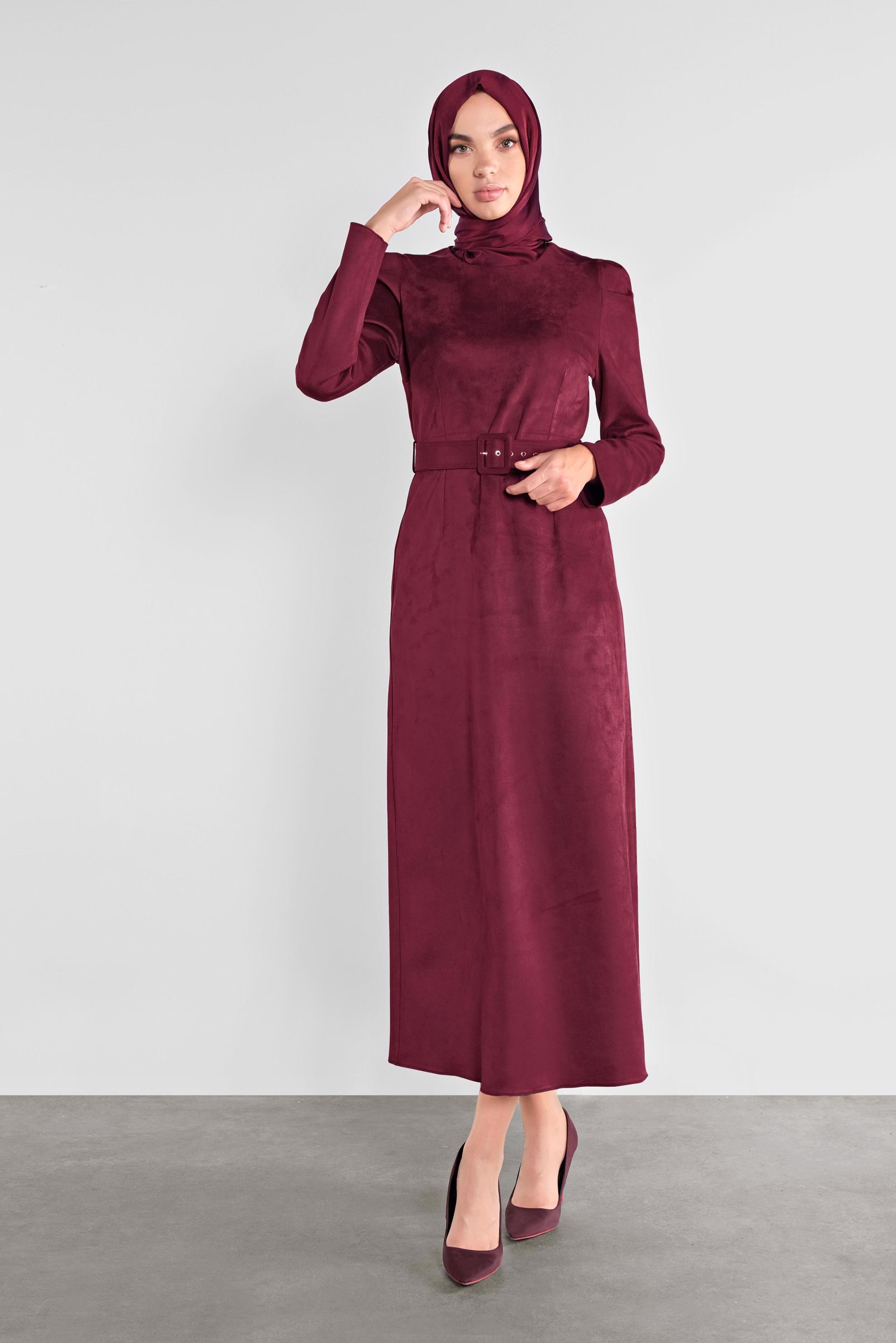 Tesettür giyim BORDO SÜET KEMERLİ ELBİSE 41143