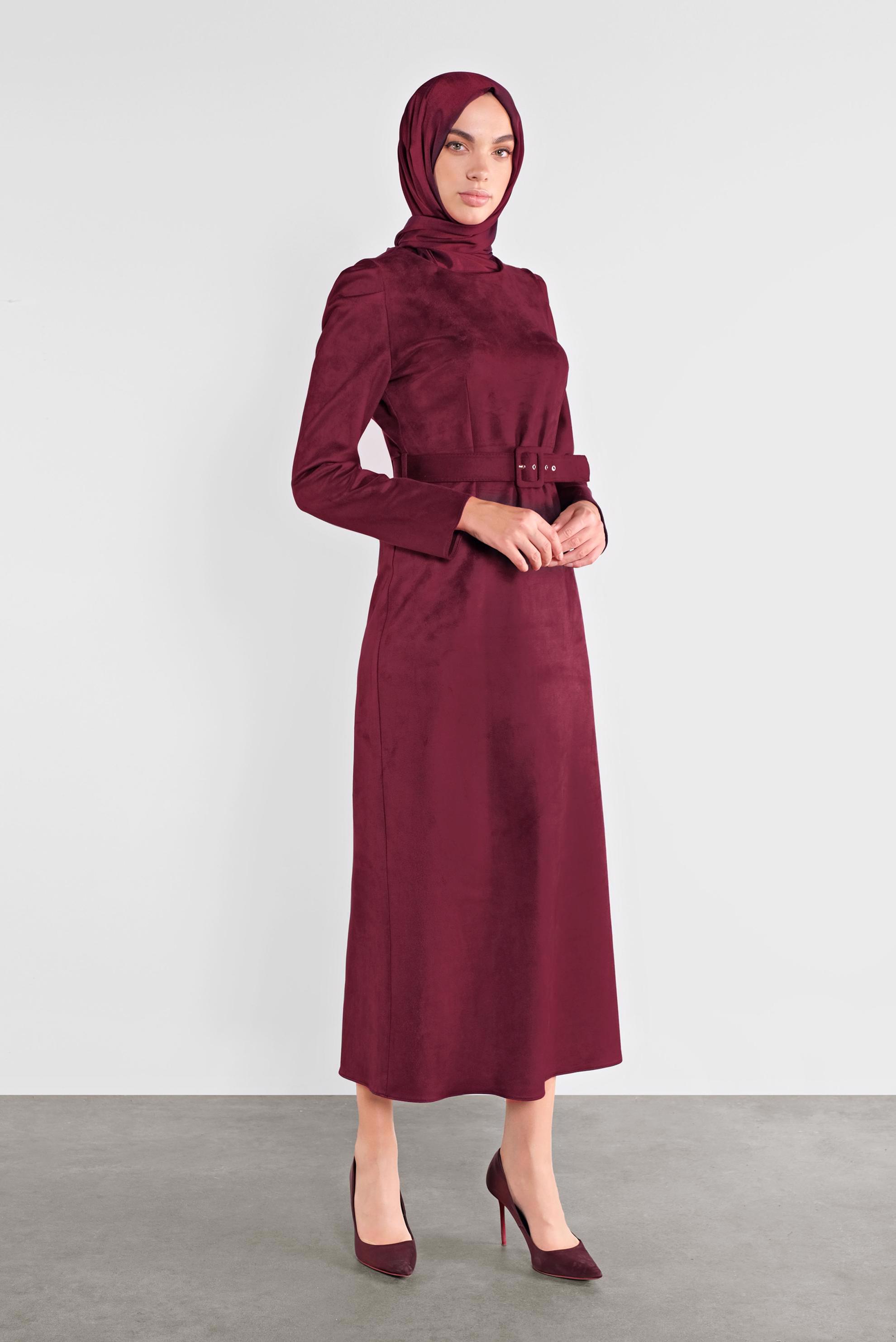 Tesettür giyim BORDO SÜET KEMERLİ ELBİSE 41143