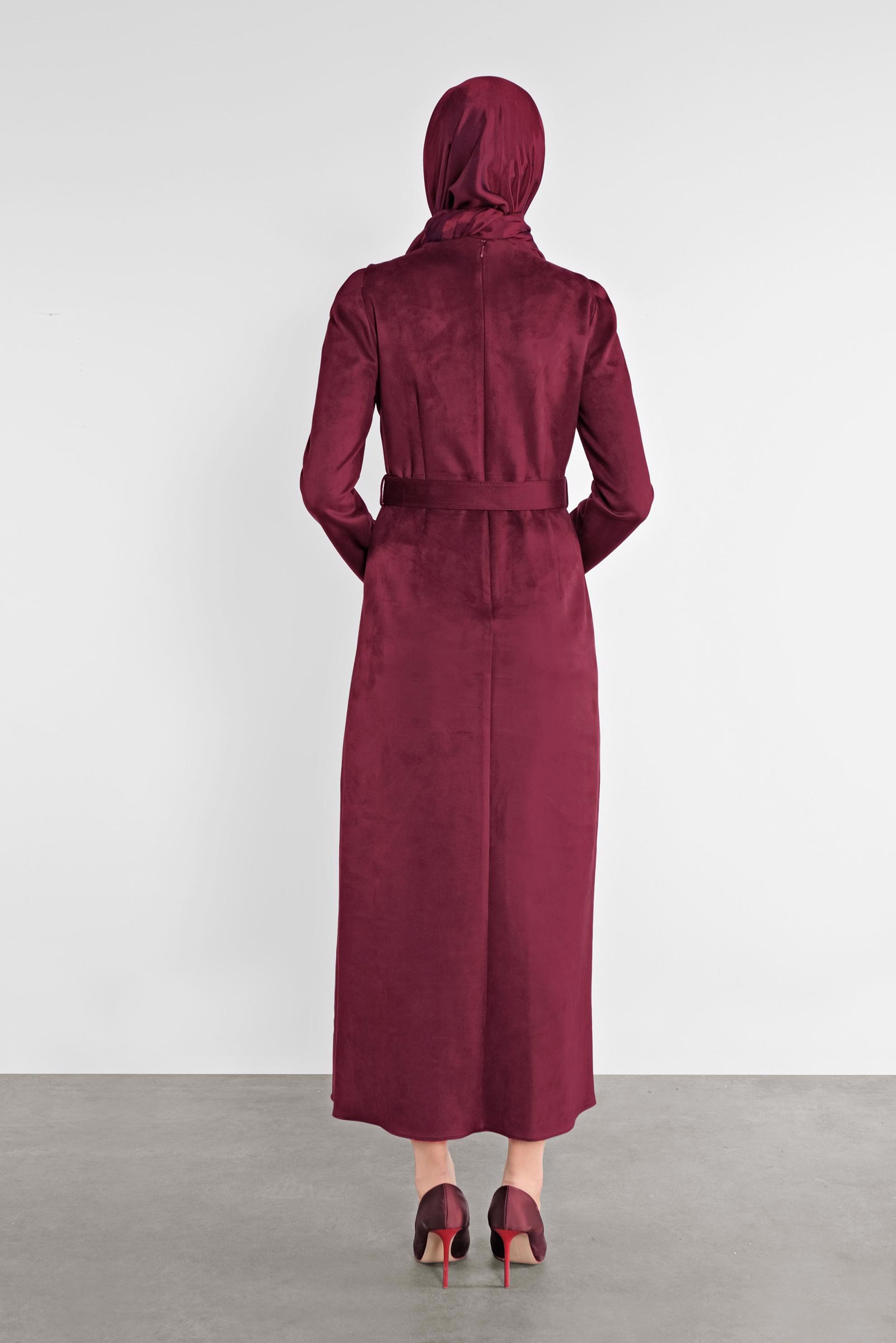 Tesettür giyim BORDO SÜET KEMERLİ ELBİSE 41143