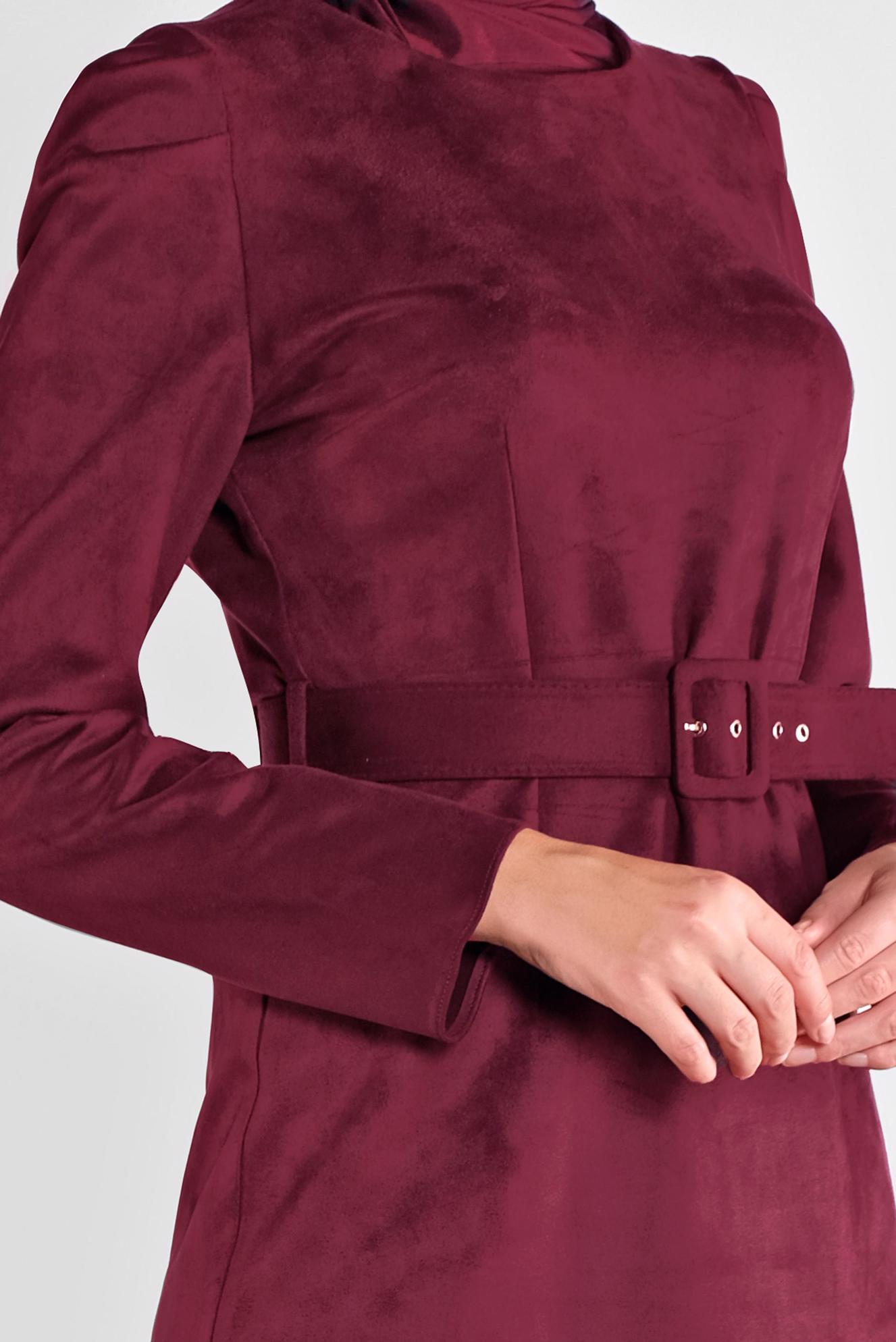 Tesettür giyim BORDO SÜET KEMERLİ ELBİSE 41143