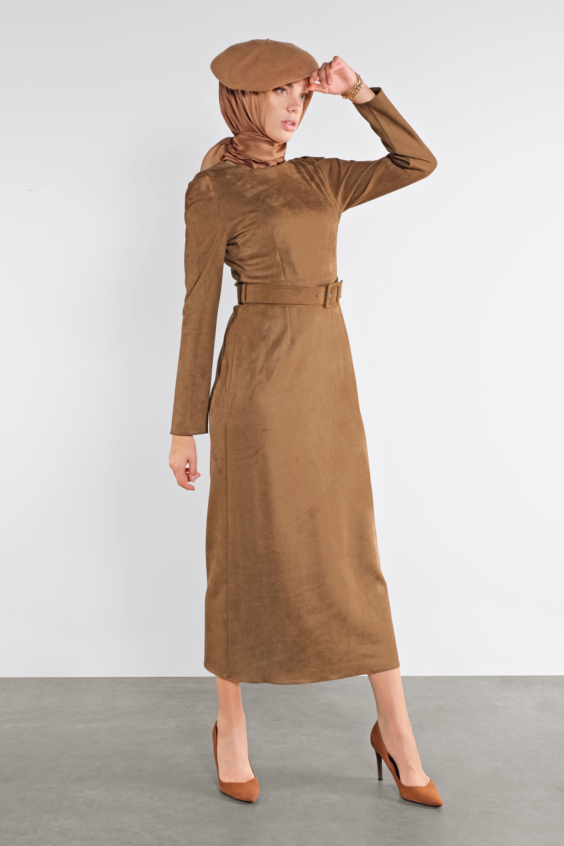 Tesettür giyim KAHVE SÜET KEMERLİ ELBİSE 41143