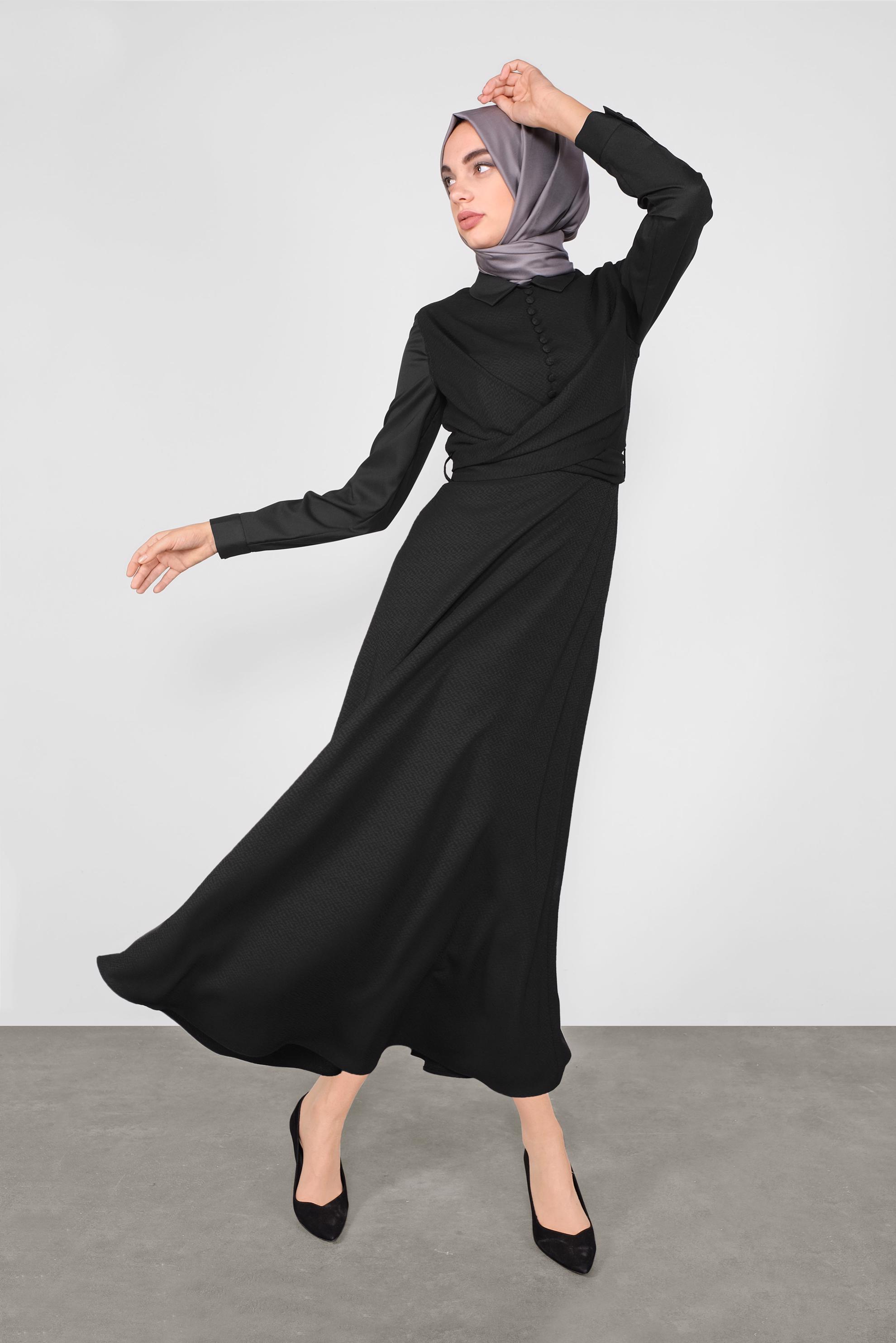 Tesettür giyim SİYAH DÜĞMELİ İKİLİ ELBİSELİ TAKIM 41148