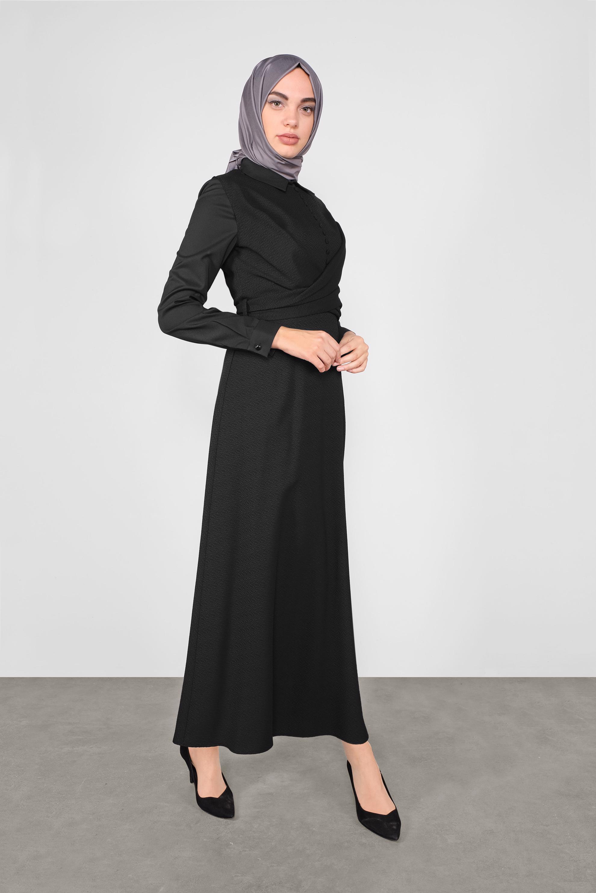 Tesettür giyim SİYAH DÜĞMELİ İKİLİ ELBİSELİ TAKIM 41148