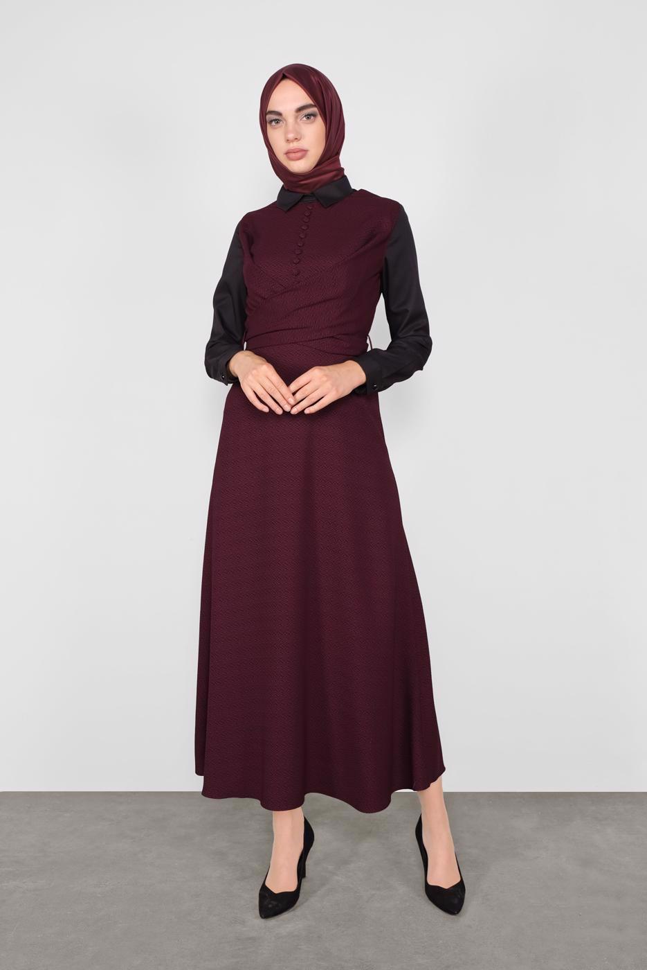 Tesettür giyim BORDO DÜĞMELİ İKİLİ ELBİSELİ TAKIM 41148