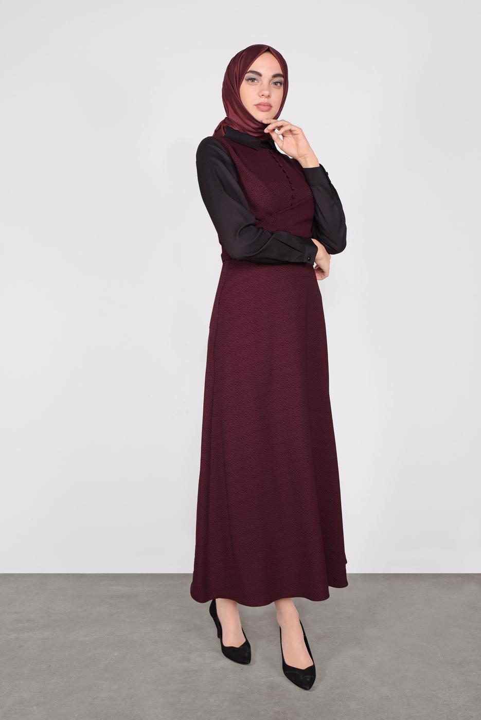 Tesettür giyim BORDO DÜĞMELİ İKİLİ ELBİSELİ TAKIM 41148