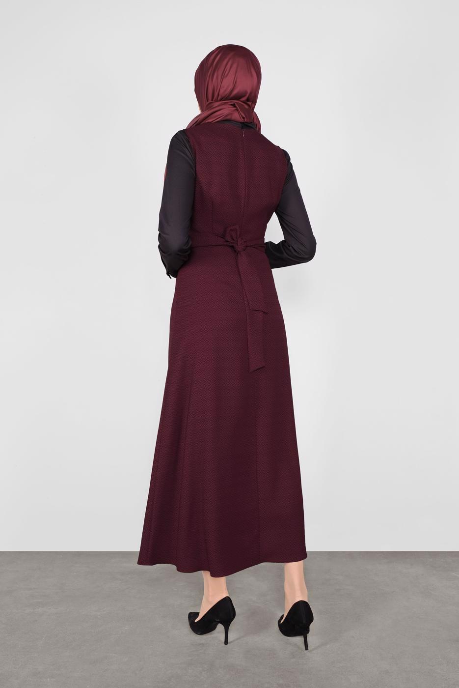 Tesettür giyim BORDO DÜĞMELİ İKİLİ ELBİSELİ TAKIM 41148