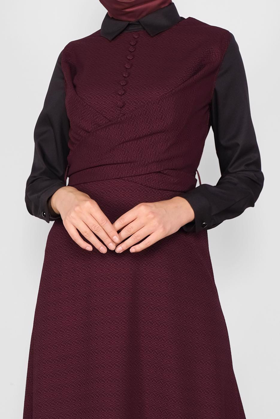 Tesettür giyim BORDO DÜĞMELİ İKİLİ ELBİSELİ TAKIM 41148