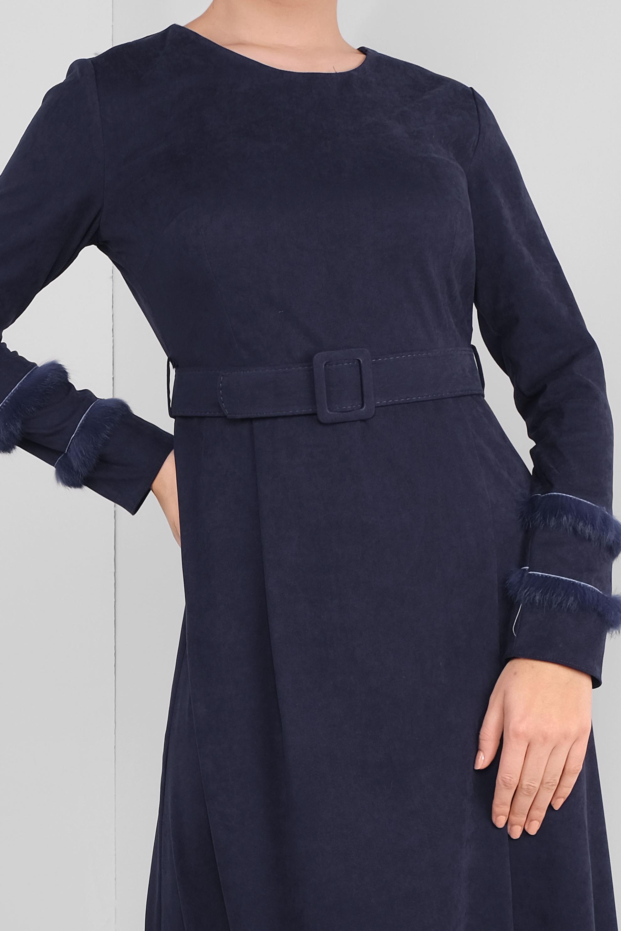Tesettür giyim LACİVERT KOLLARI TÜY DETAYLI SÜET ELBİSE 41183