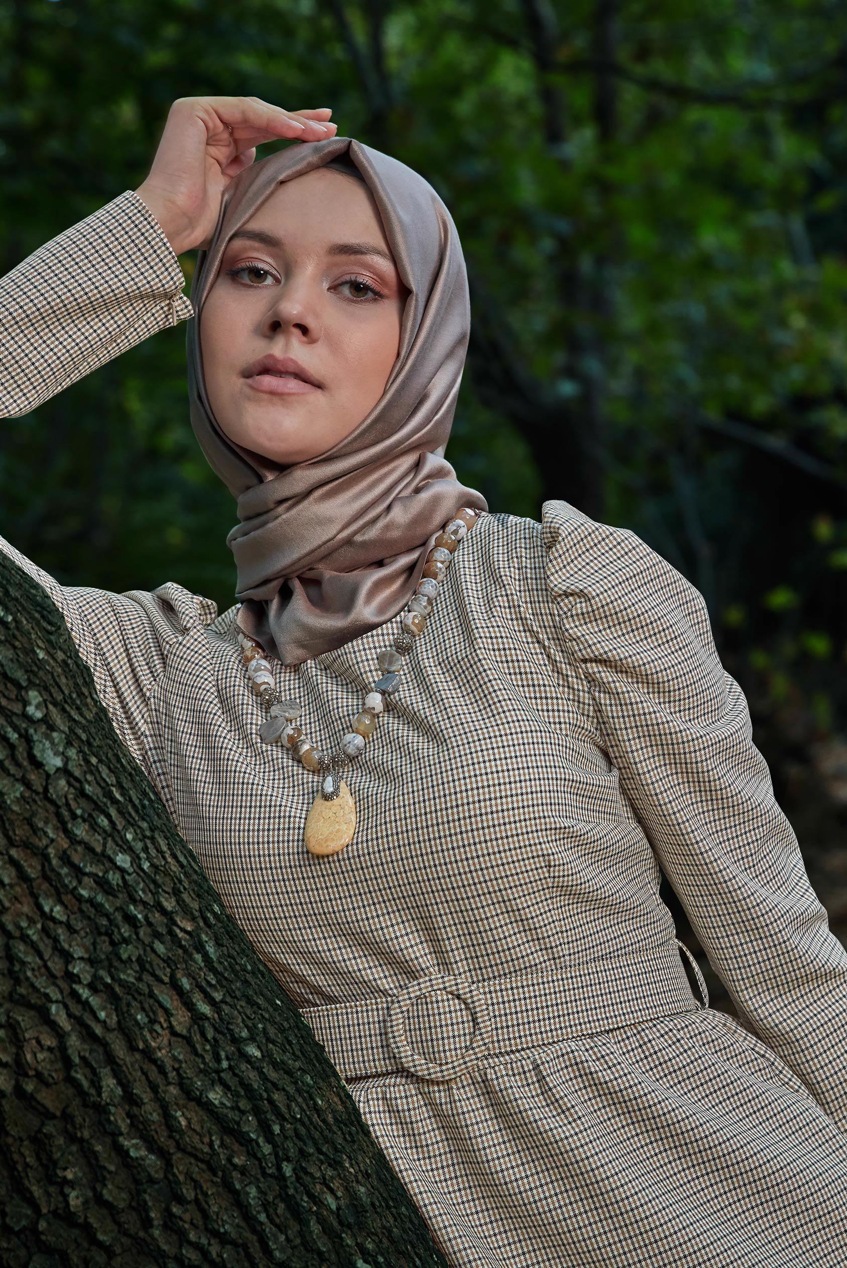 Tesettür giyim KAHVE KEMERLİ EKOSE ELBİSE 41186 