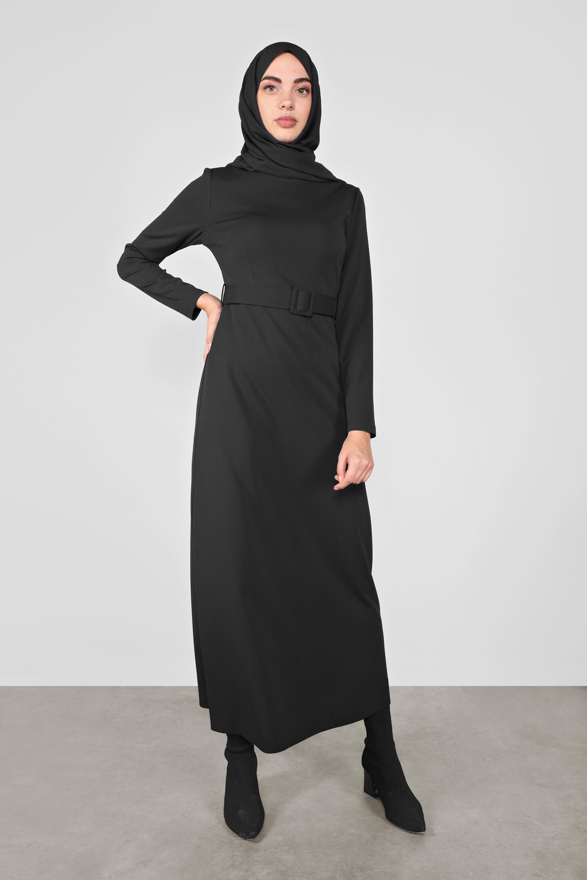 Tesettür giyim SİYAH FERMUARLI KEMERLİ ELBİSE 41253 
