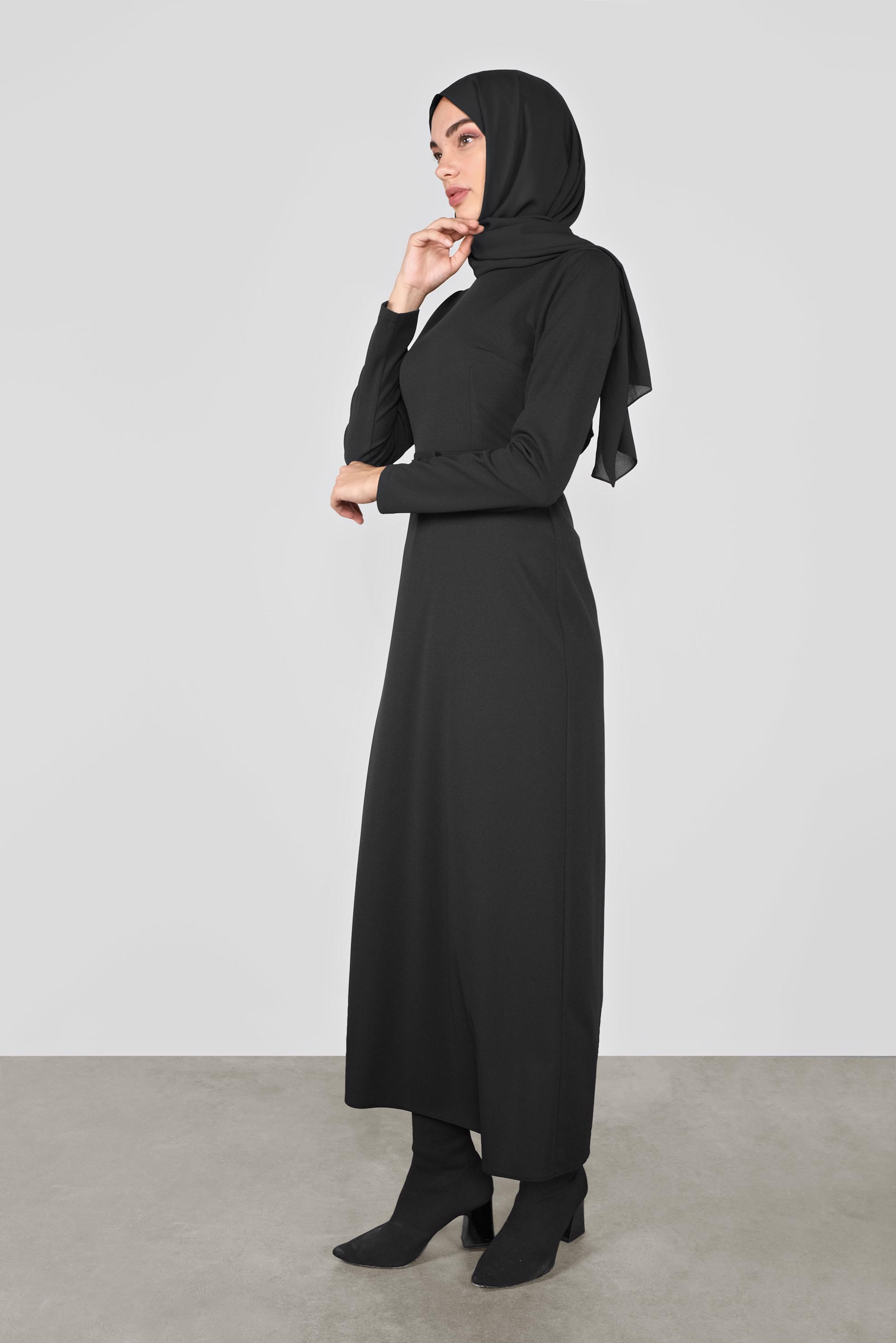 Tesettür giyim SİYAH FERMUARLI KEMERLİ ELBİSE 41253 