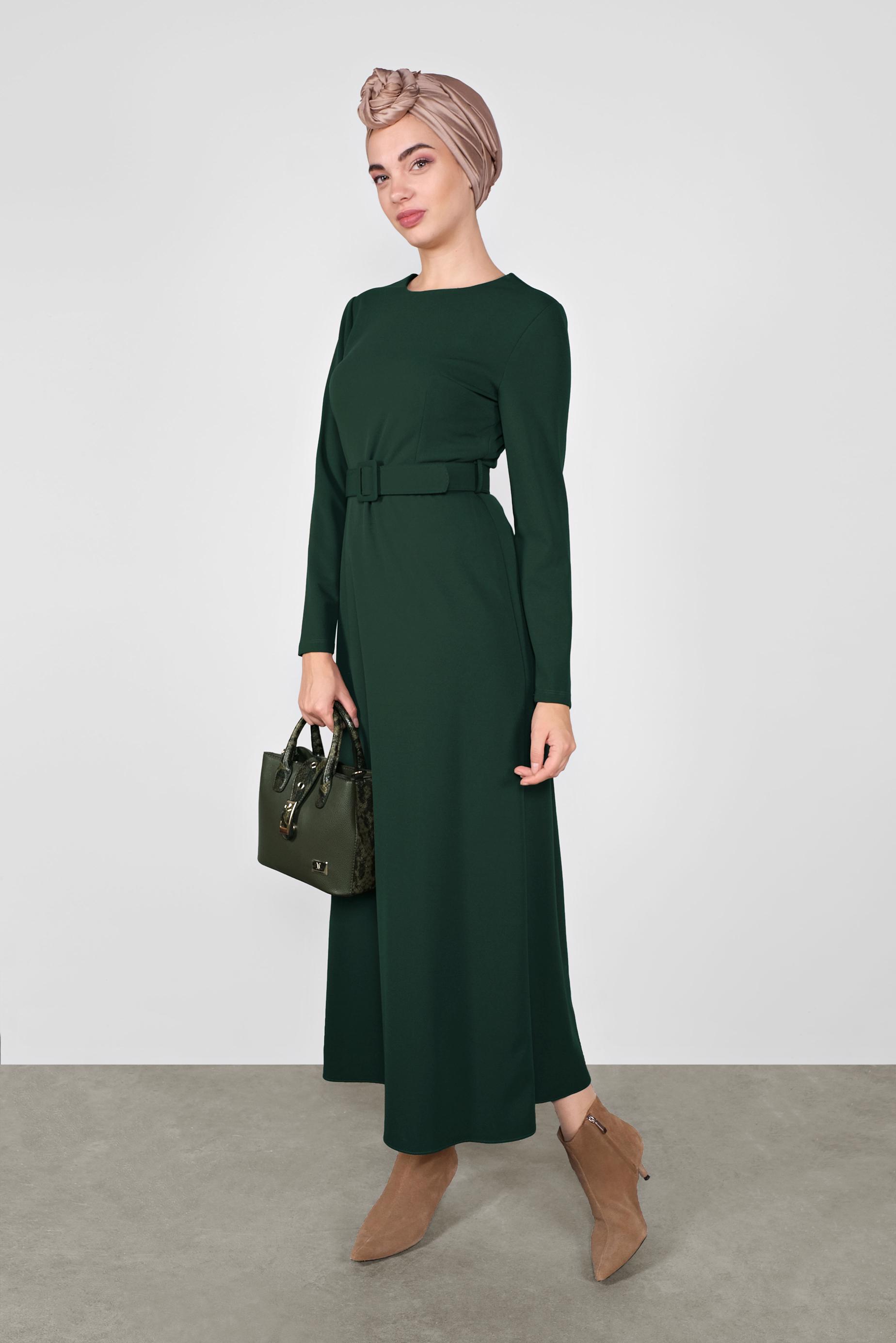 Tesettür giyim YEŞİL FERMUARLI KEMERLİ ELBİSE 41253 