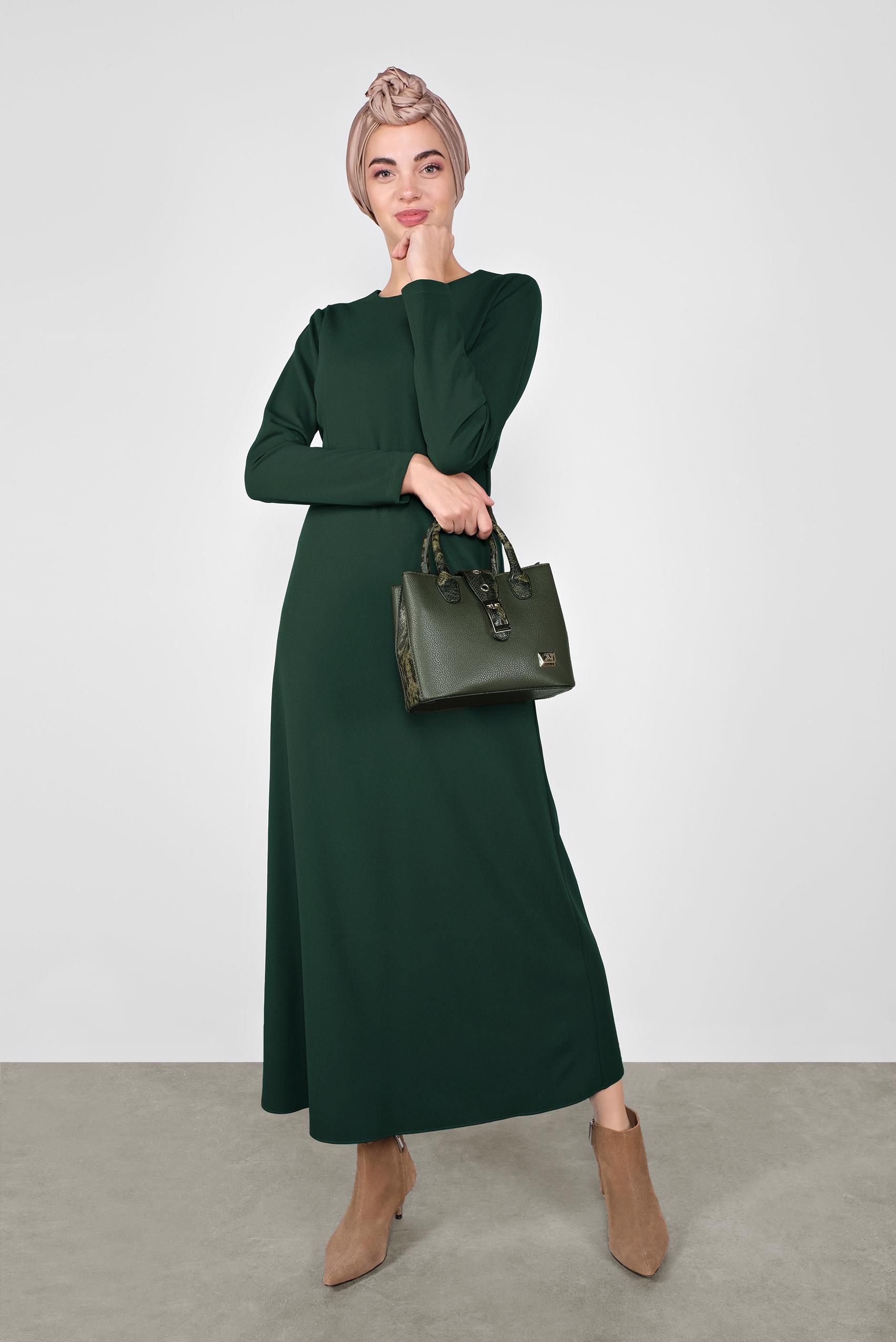 Tesettür giyim YEŞİL FERMUARLI KEMERLİ ELBİSE 41253 