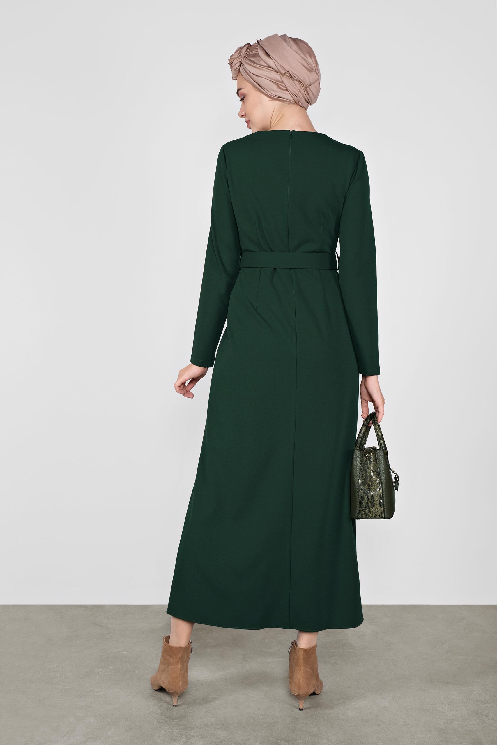 Tesettür giyim YEŞİL FERMUARLI KEMERLİ ELBİSE 41253 