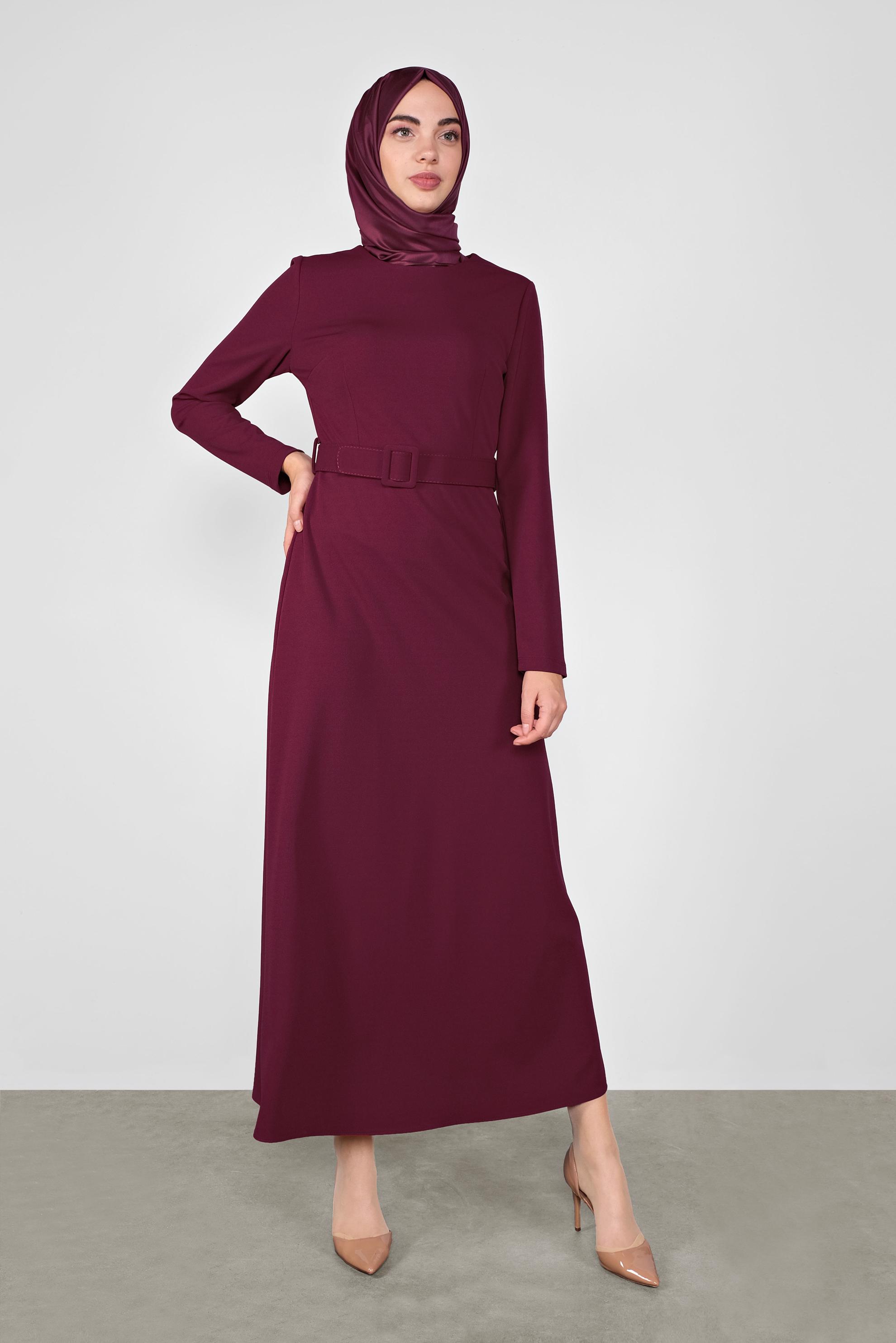 Tesettür giyim BORDO FERMUARLI KEMERLİ ELBİSE 41253 