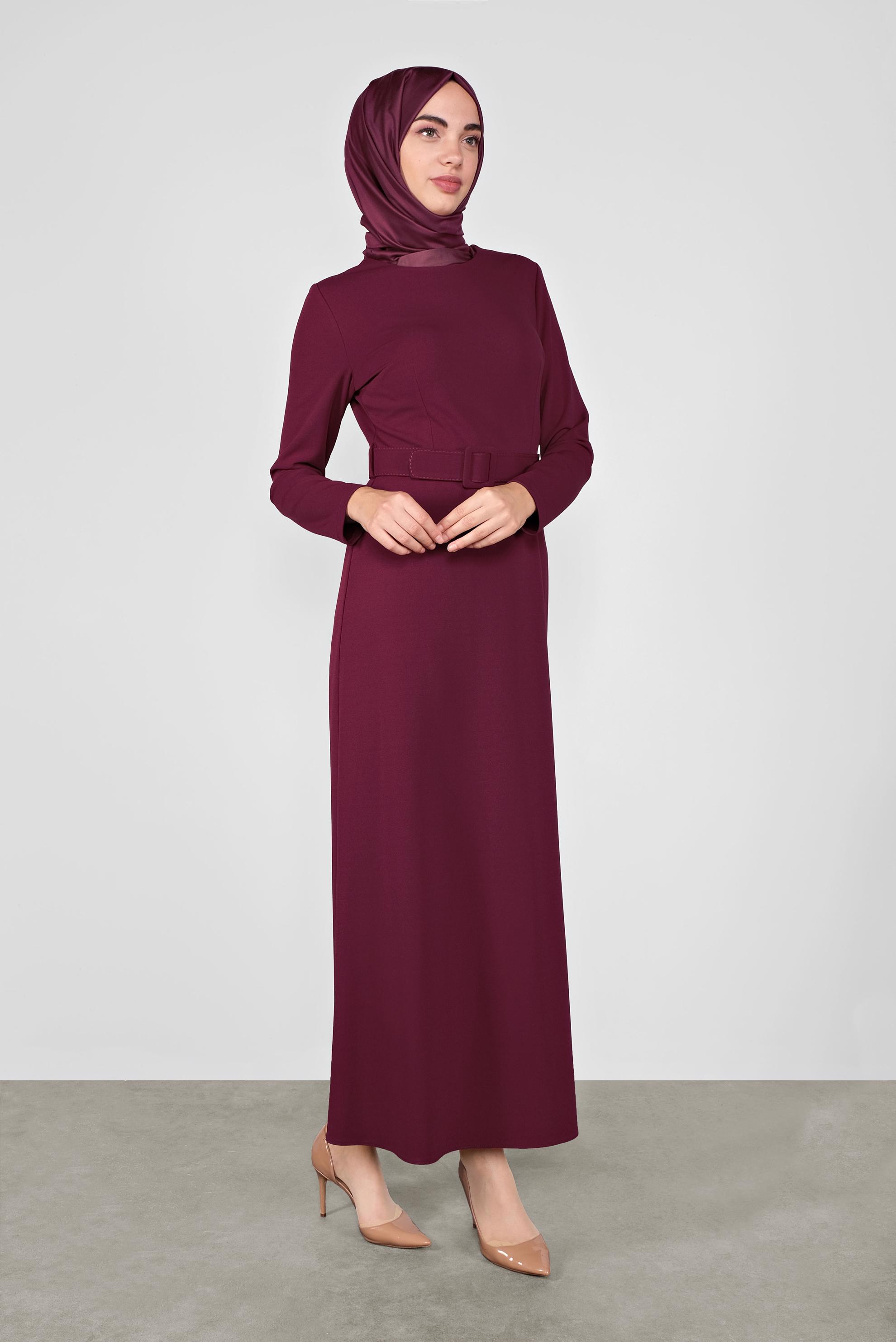 Tesettür giyim BORDO FERMUARLI KEMERLİ ELBİSE 41253 