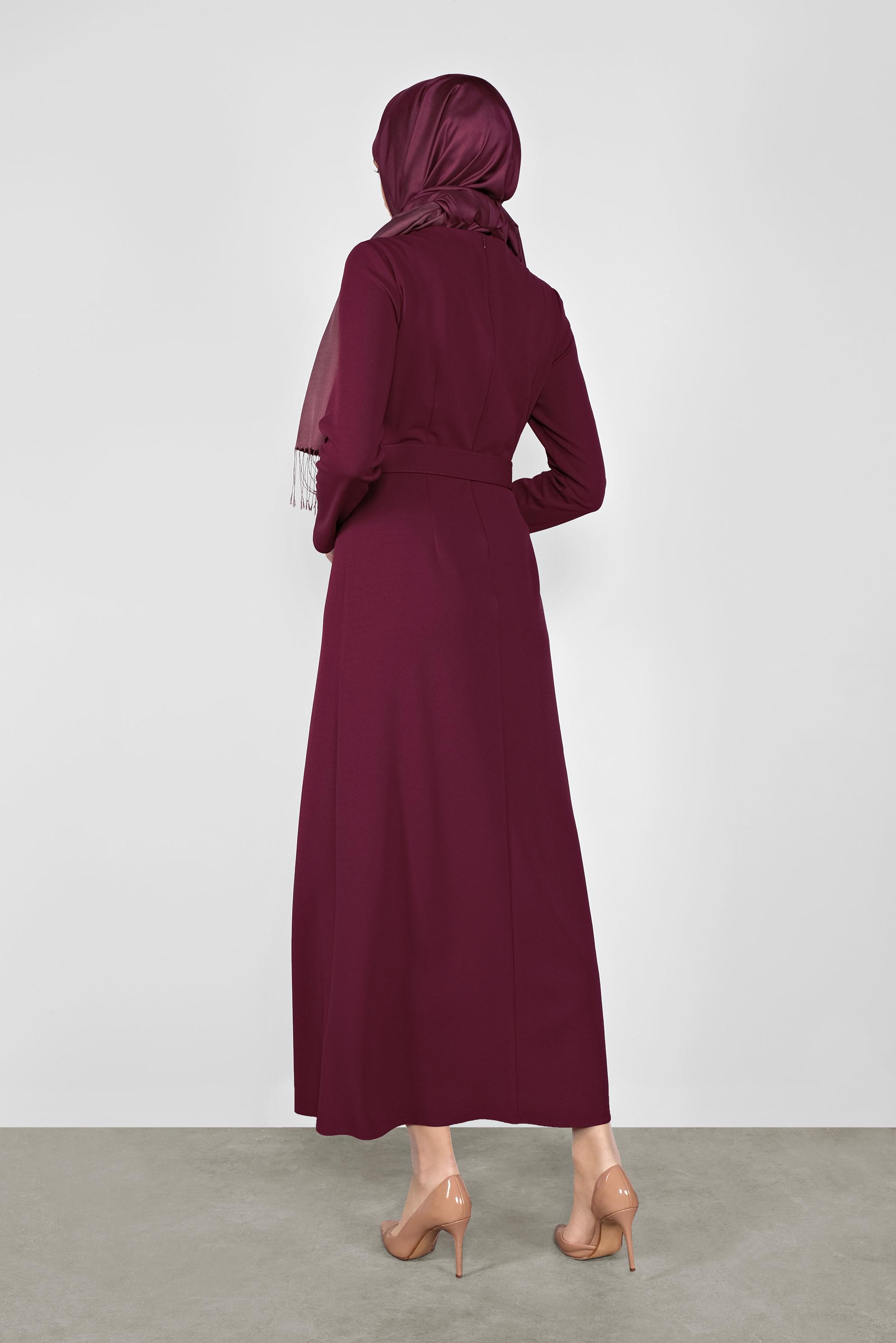 Tesettür giyim BORDO FERMUARLI KEMERLİ ELBİSE 41253 