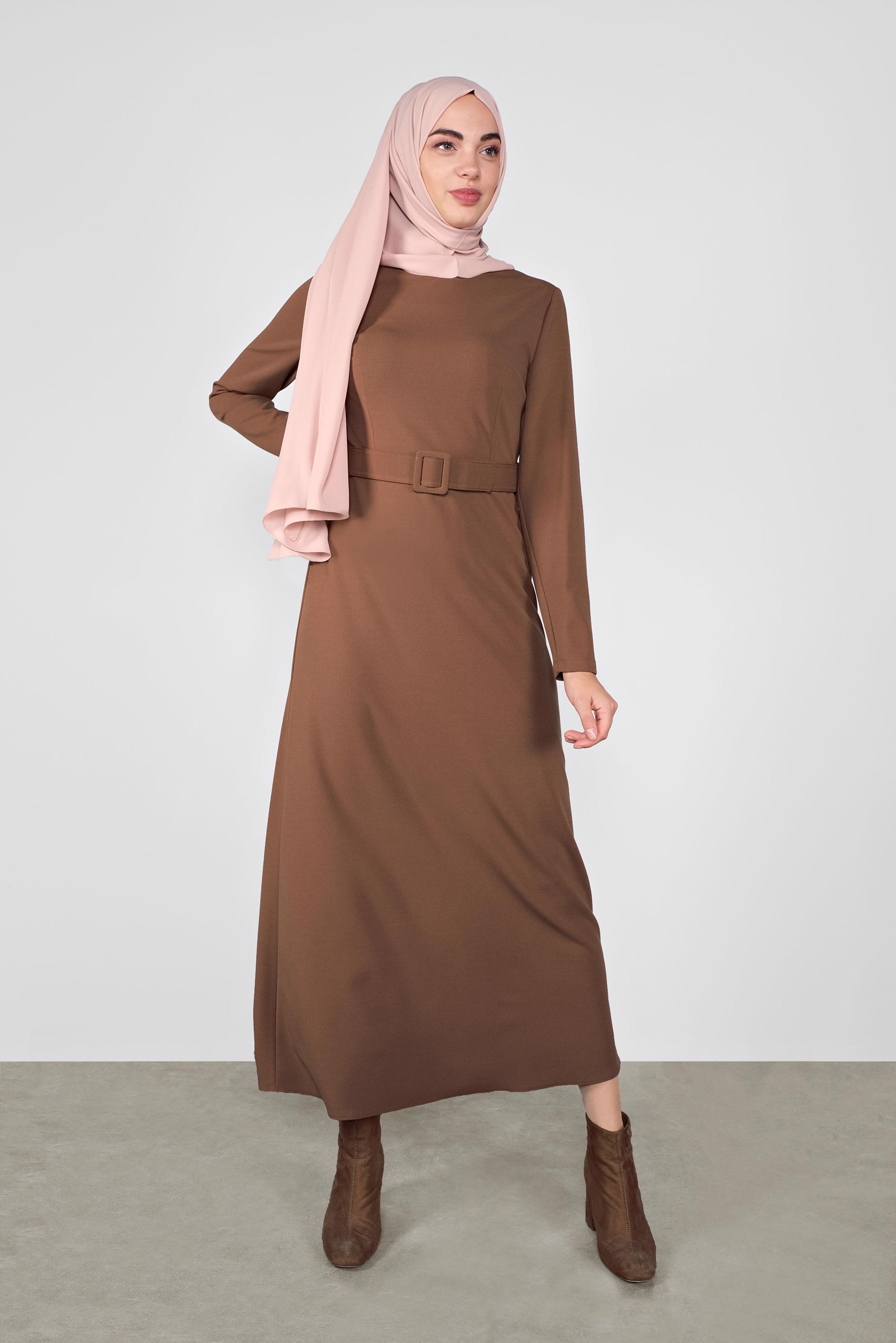 Tesettür giyim TABA FERMUARLI KEMERLİ ELBİSE 41253 