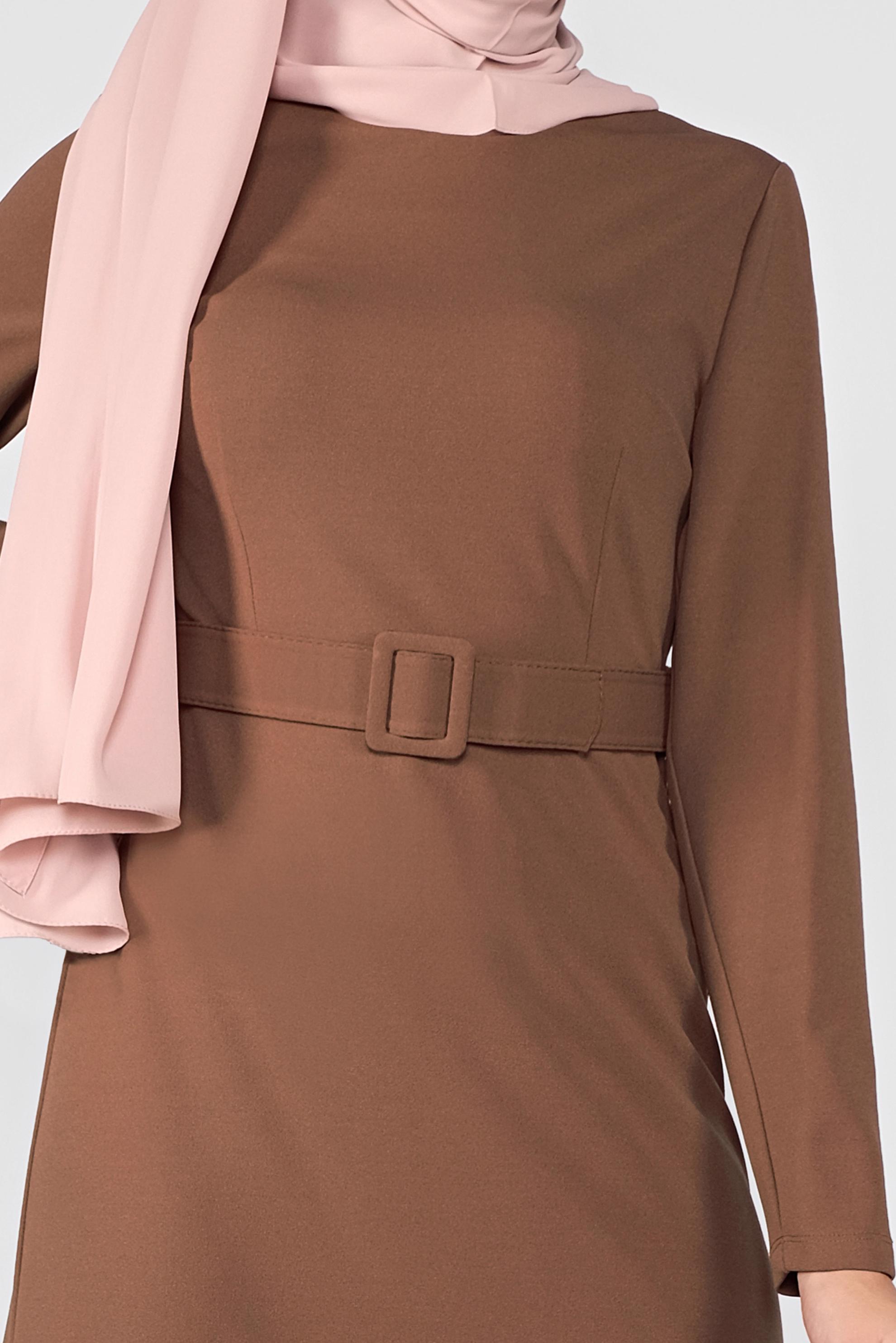 Tesettür giyim TABA FERMUARLI KEMERLİ ELBİSE 41253 