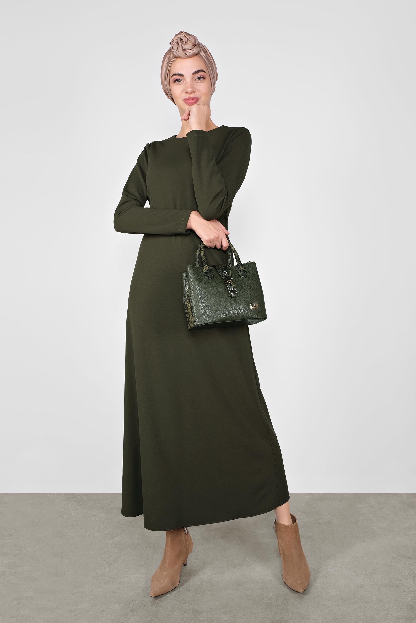 Tesettür giyim HAKİ FERMUARLI KEMERLİ ELBİSE 41253 