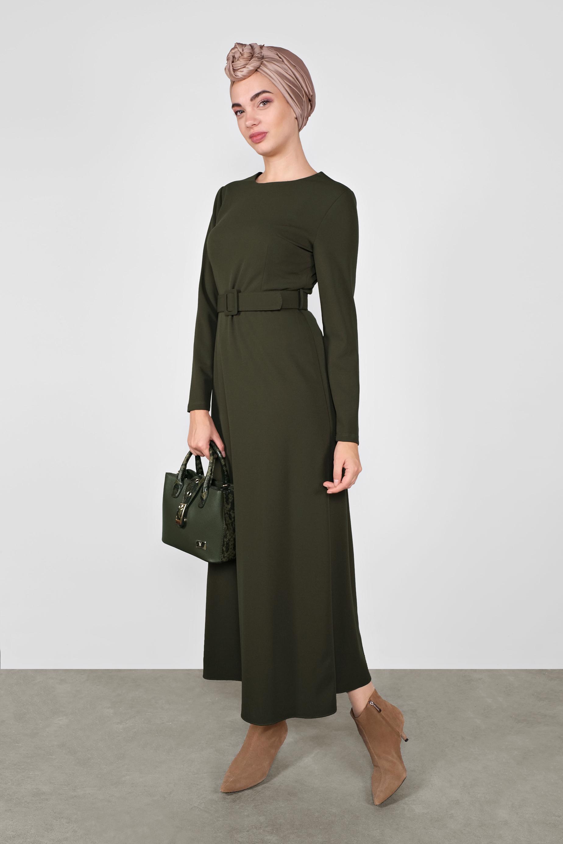 Tesettür giyim HAKİ FERMUARLI KEMERLİ ELBİSE 41253 