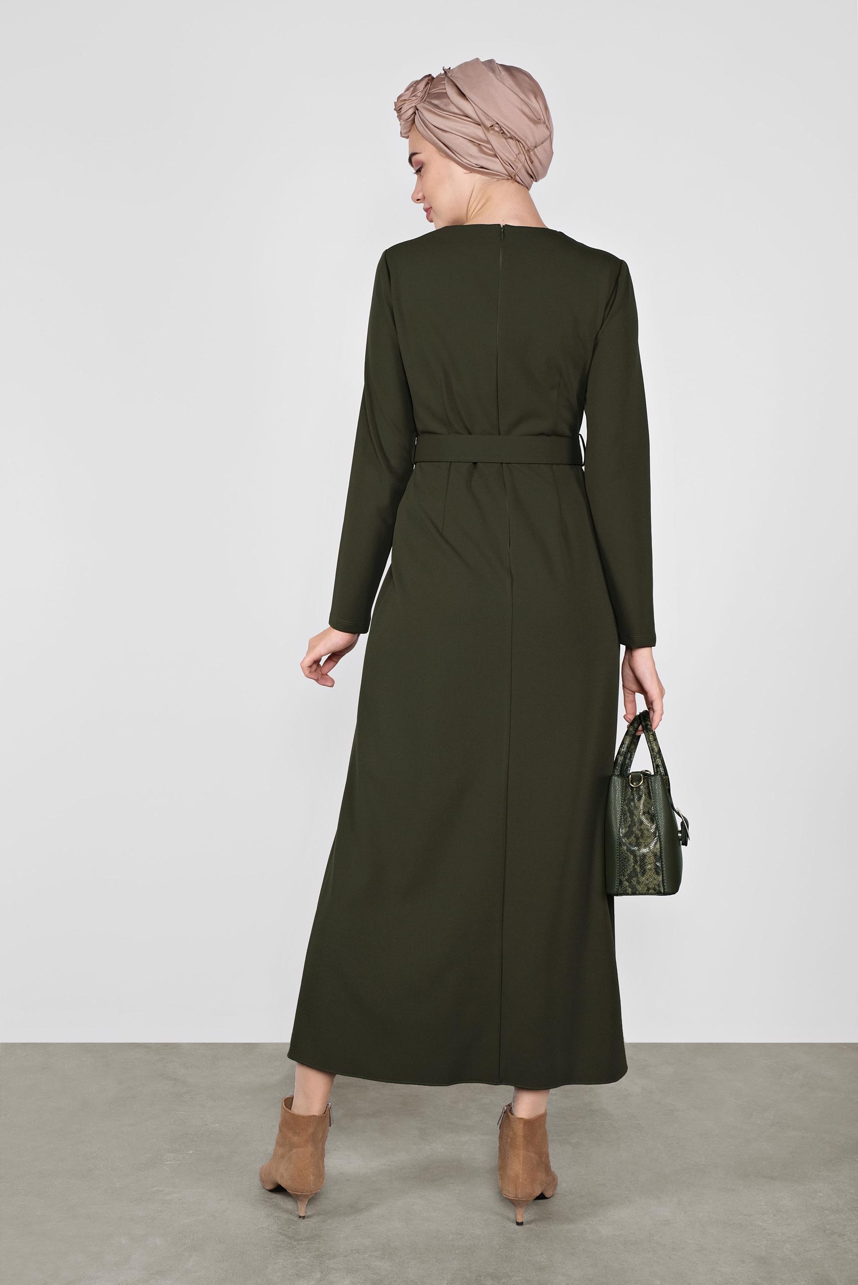 Tesettür giyim HAKİ FERMUARLI KEMERLİ ELBİSE 41253 