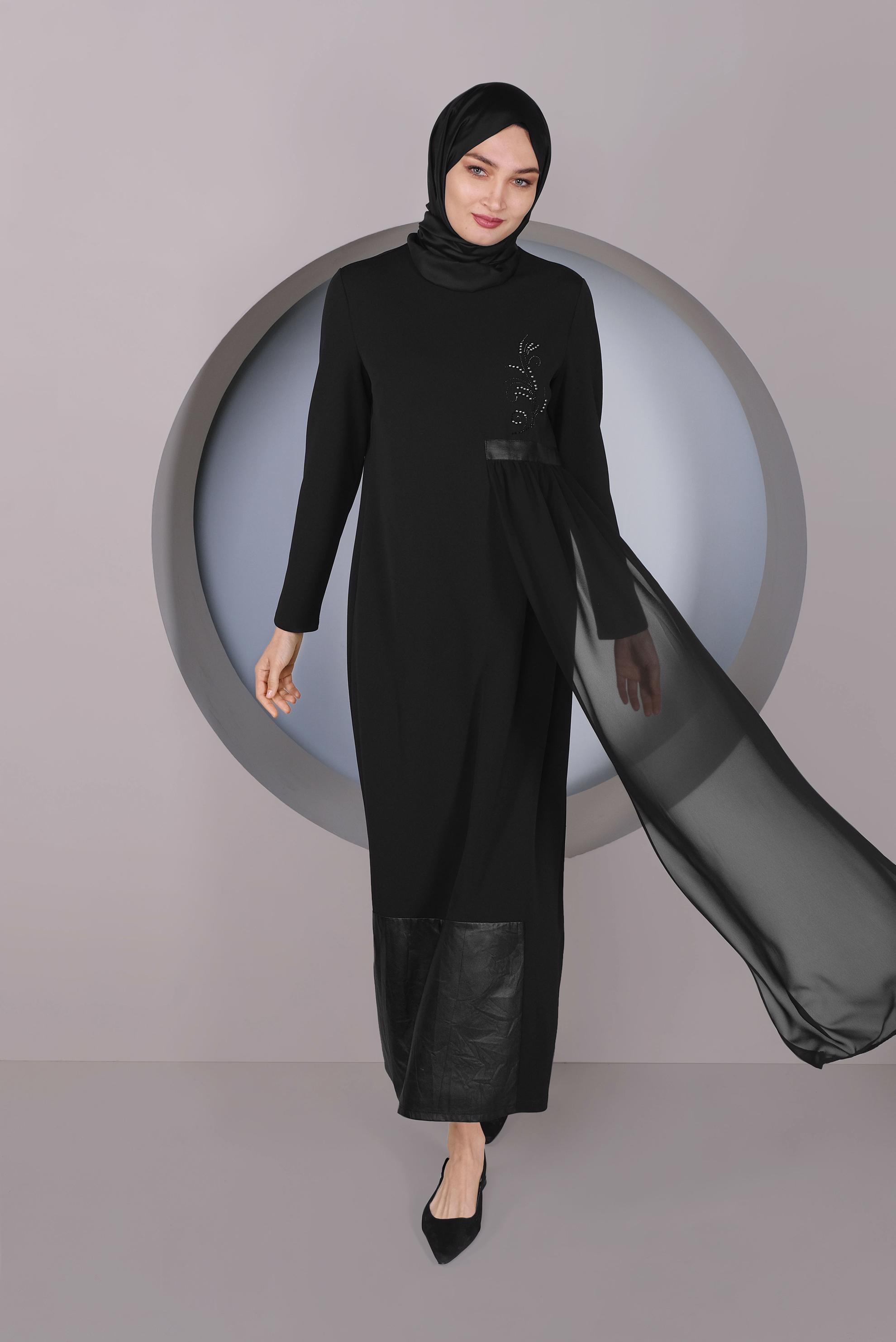 Tesettür giyim SİYAH TÜL DETAYLI ELBİSE 41296