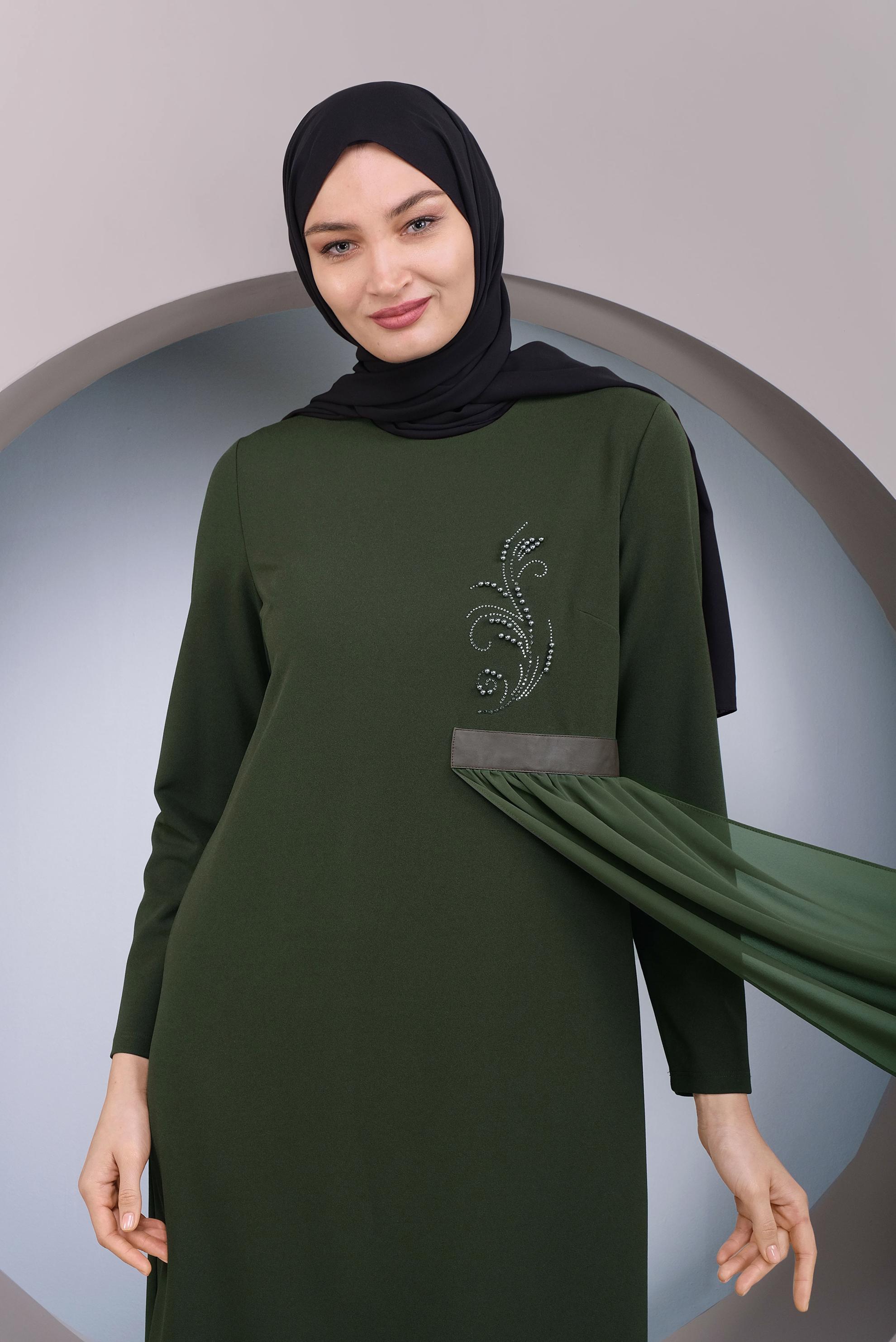 Tesettür giyim HAKİ TÜL DETAYLI ELBİSE 41296