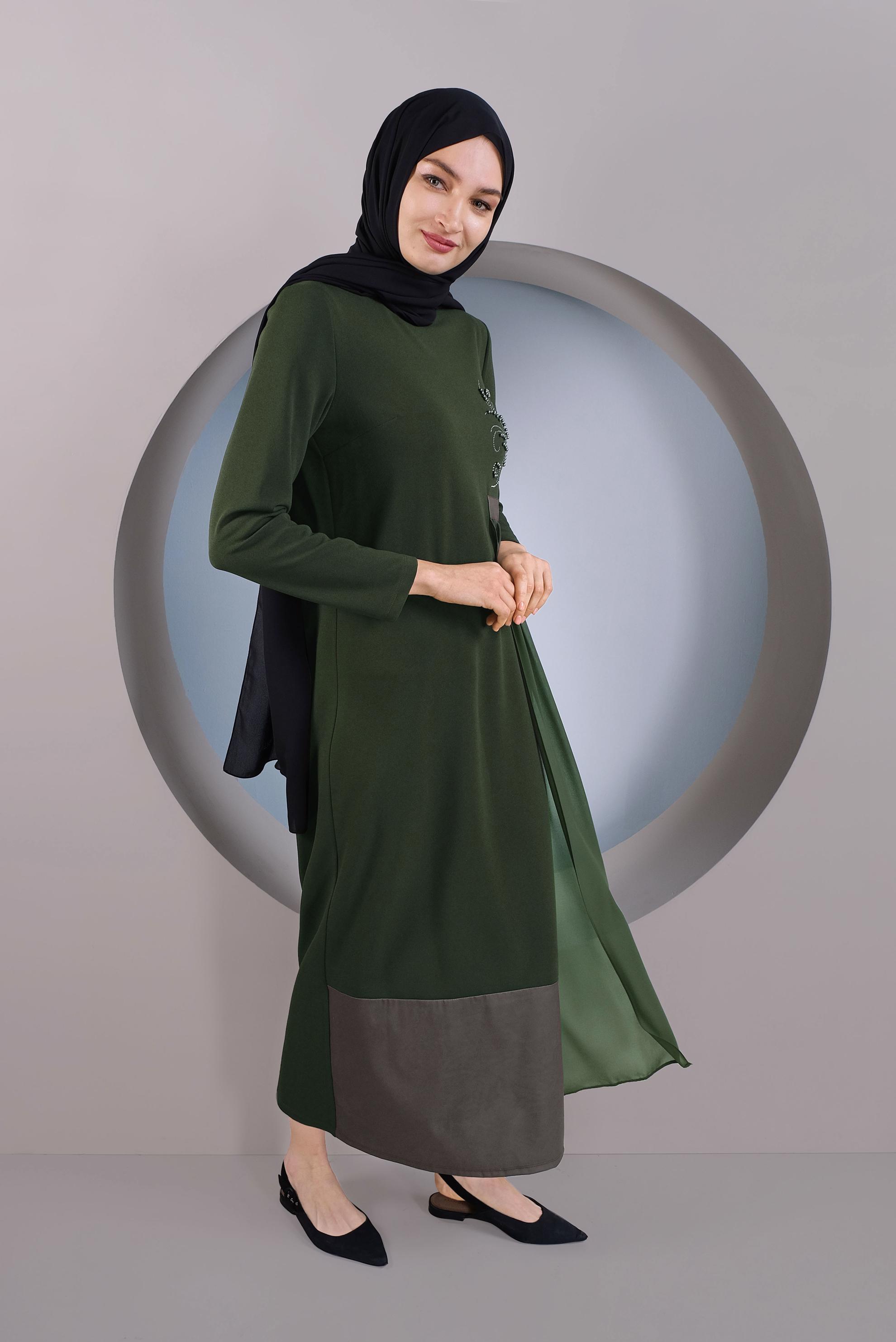 Tesettür giyim HAKİ TÜL DETAYLI ELBİSE 41296