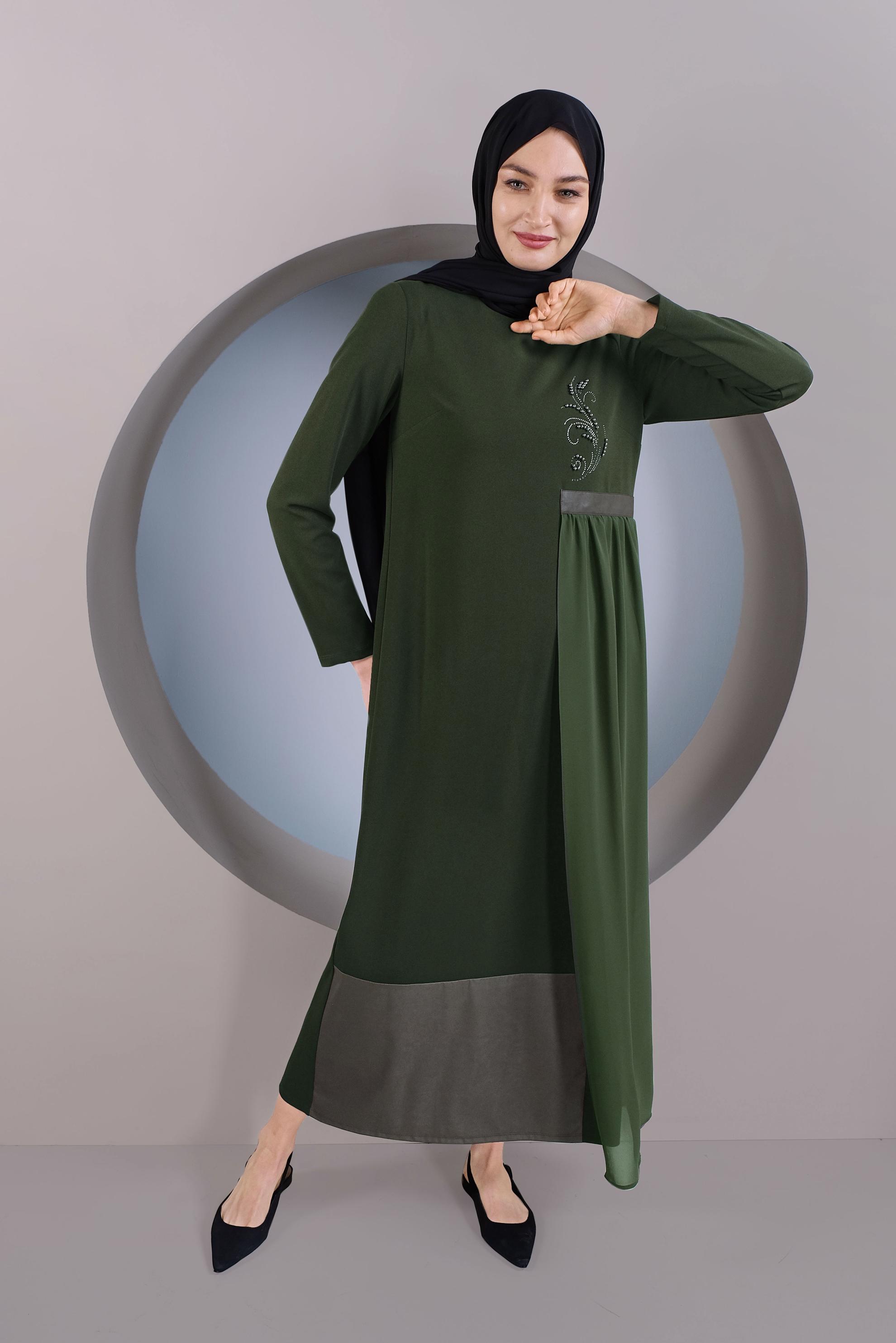 Tesettür giyim HAKİ TÜL DETAYLI ELBİSE 41296