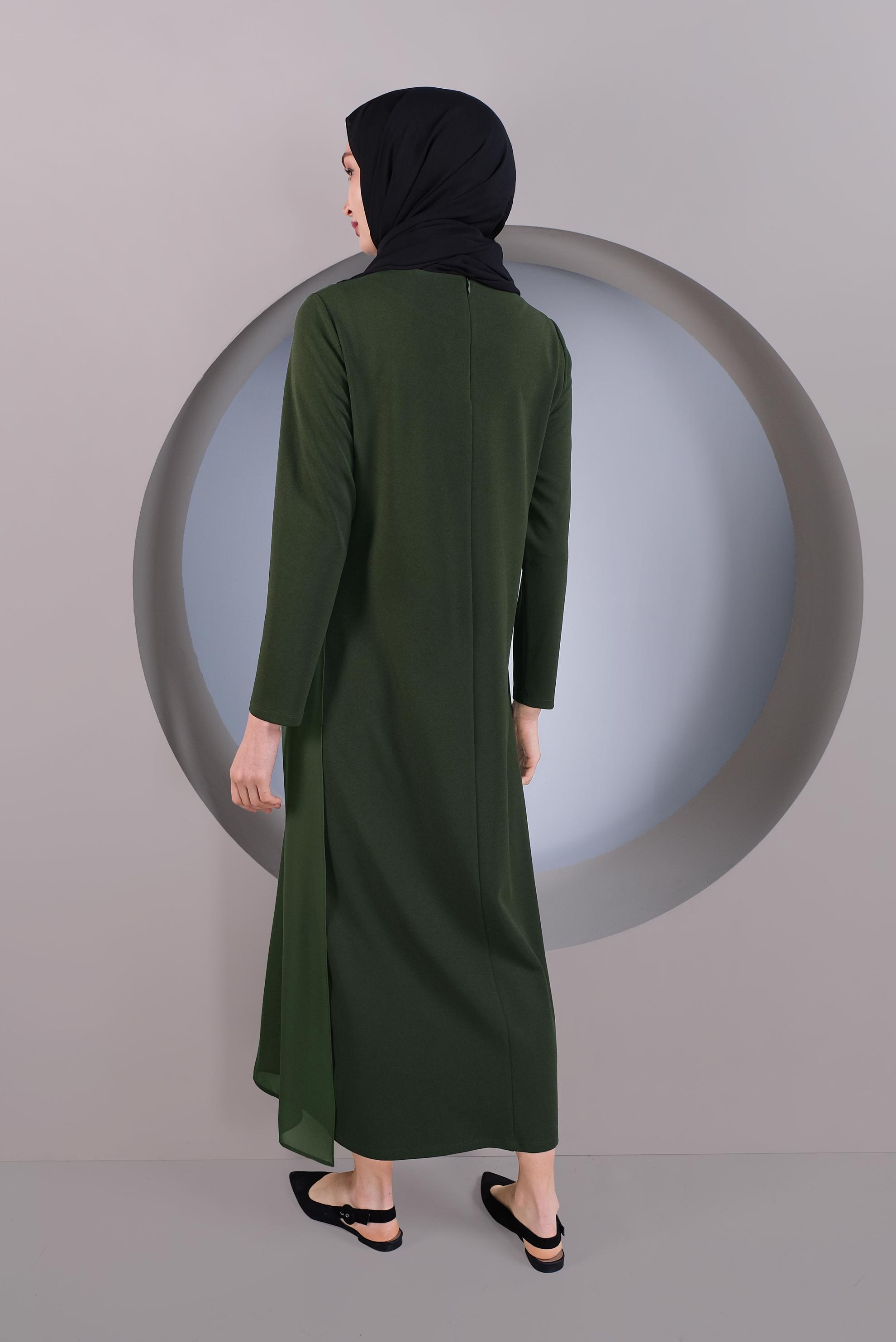 Tesettür giyim HAKİ TÜL DETAYLI ELBİSE 41296