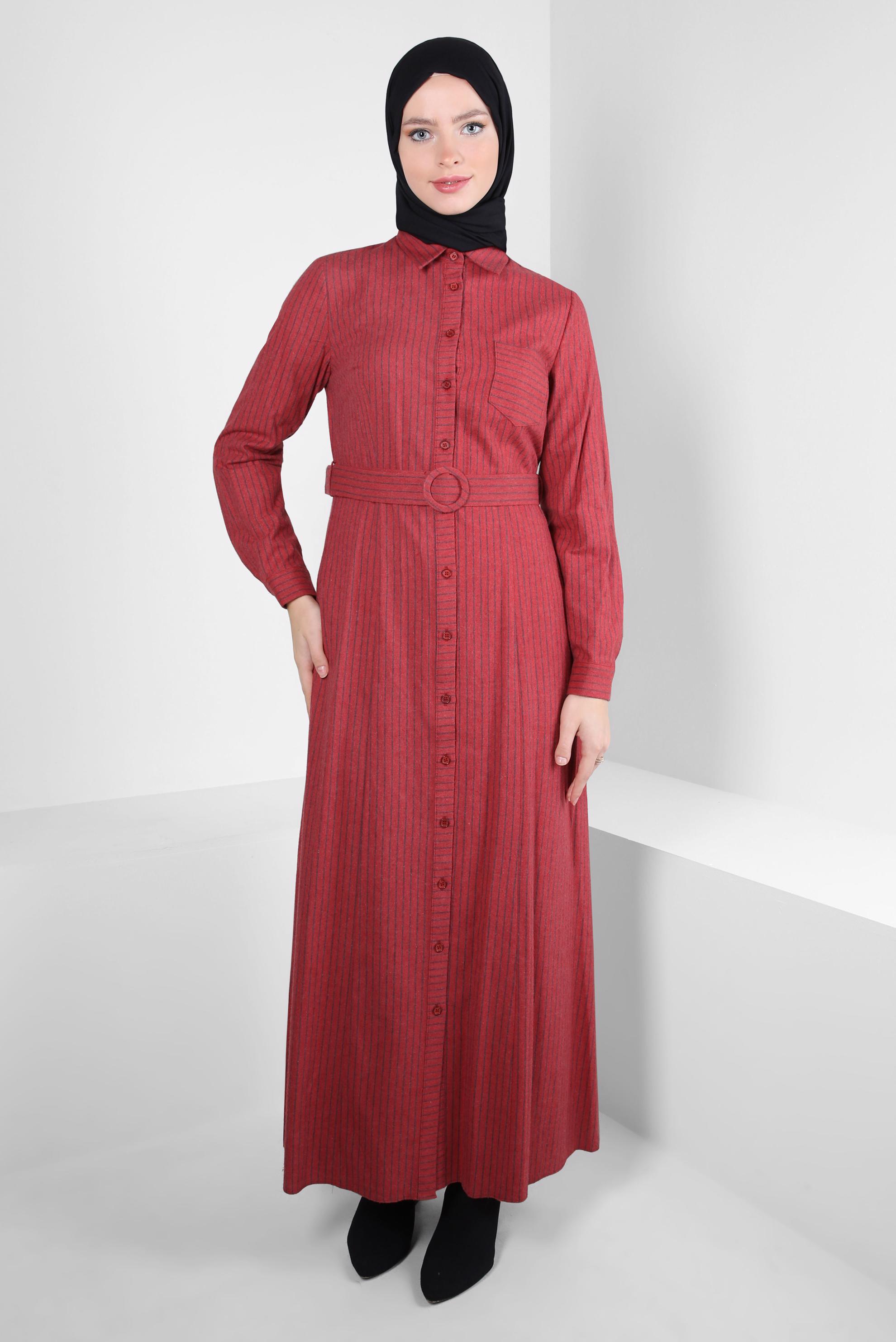 Tesettür giyim KIRMIZI ÇİZGİ DESENLİ ELBİSE 40198-1